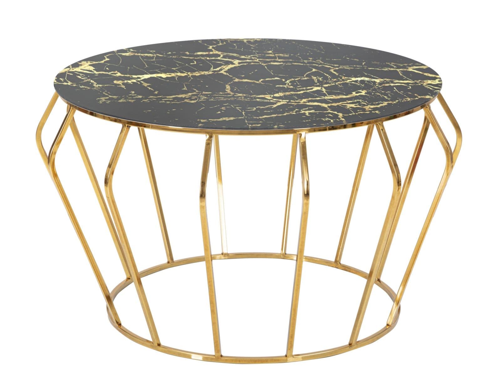 Estila Art deco okrúhly kovový zlatý konferenčný stolík Mino s vrchnou sklenenou doskou s čiernym mramorovým dizajnom 78 cm