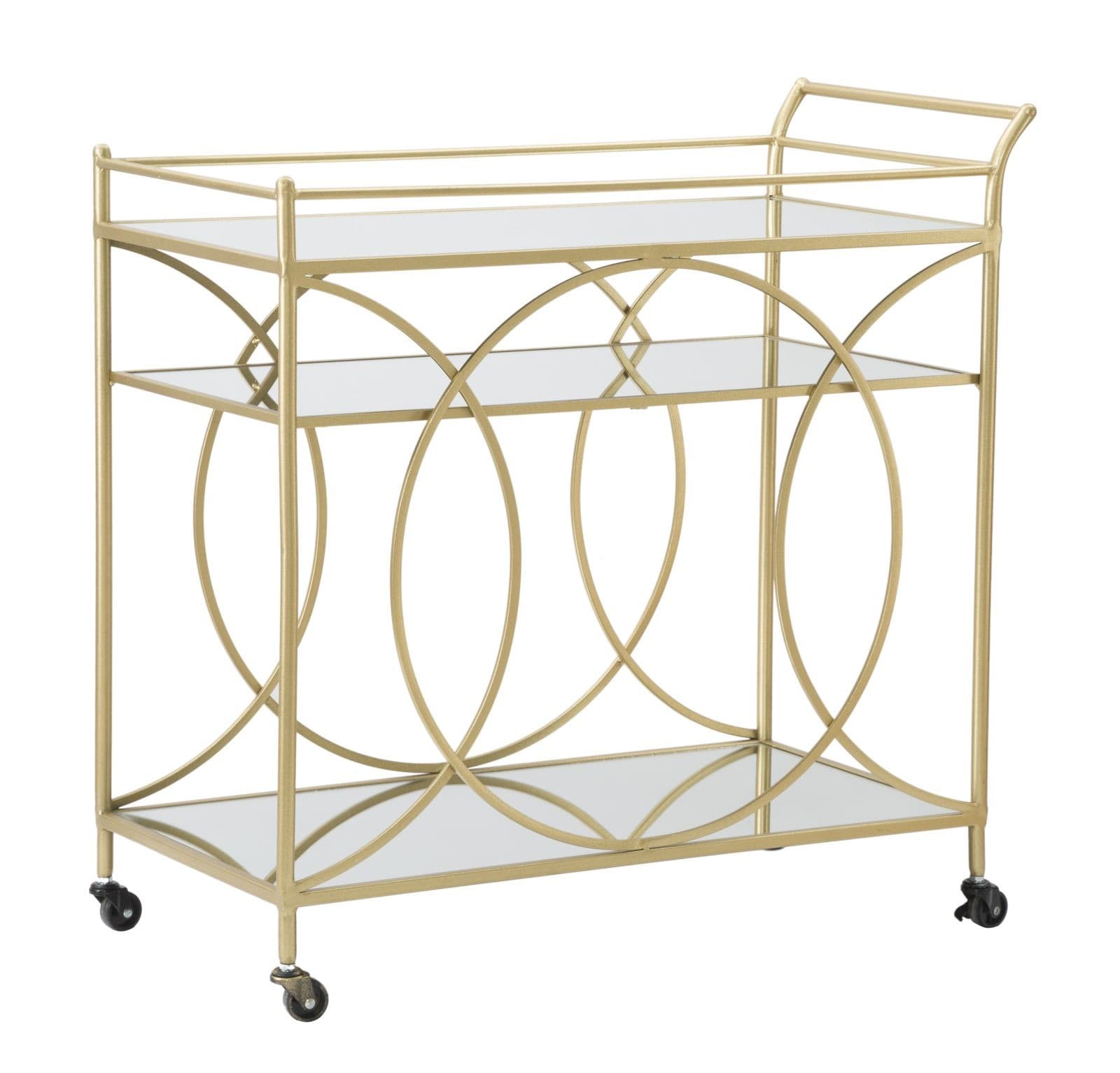 Estila Art deco kovový zrkadlový obdĺžnikový trojposchodový servírovací vozík Nazar na kolieskach so zlatou konštrukciou 80 cm