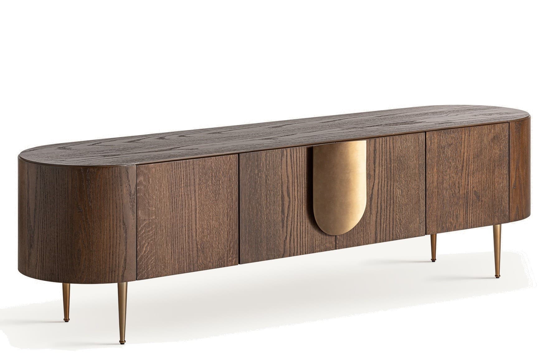 Estila Luxusný art deco geometrický hnedý dvojdverový TV stolík Nisi so zlatými kovovými nožičkami a detailom so zásuvkou 200 cm