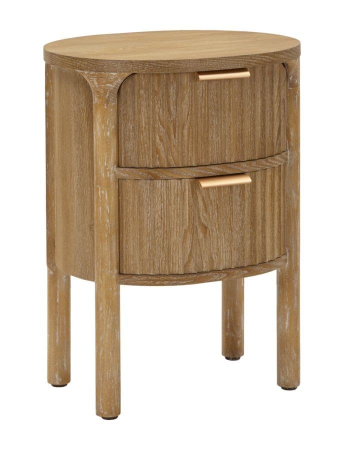 Estila Štýlový art deco hnedý oválny nočný stolík Meer s dvomi zásuvkami s výraznou štruktúrou a zlatými úchytkami 52 cm