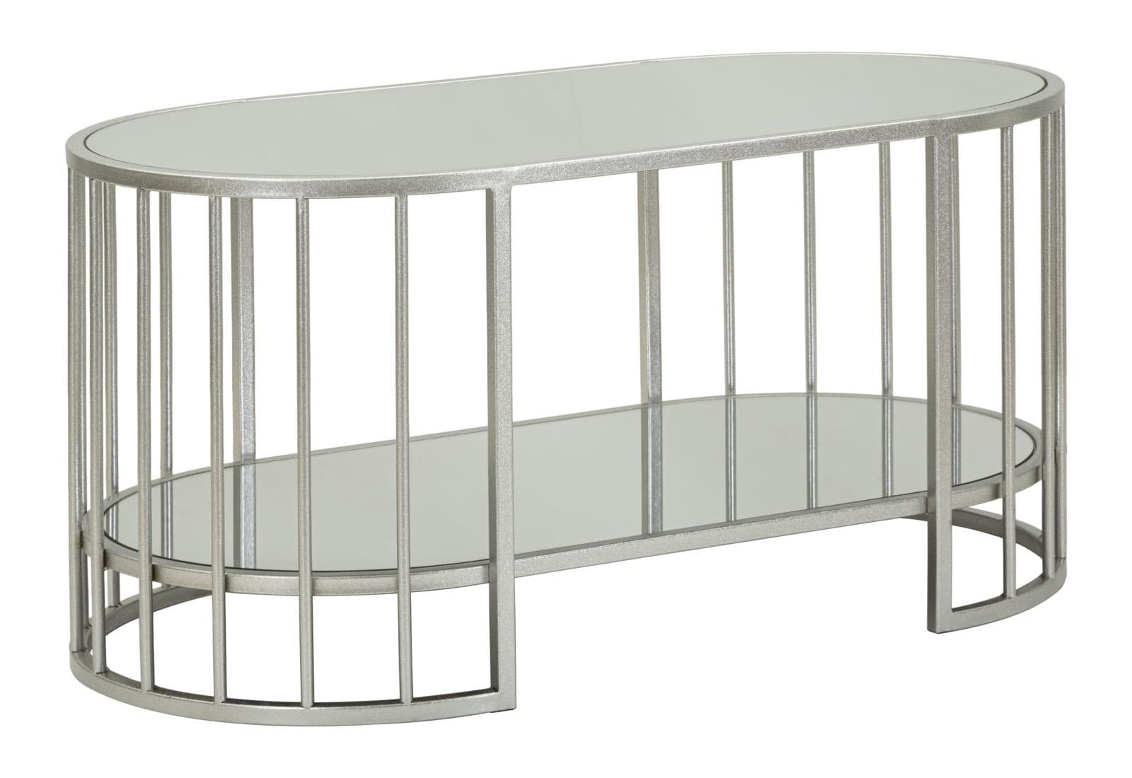 Estila Štýlový art deco oválny konferenčný stolík Silvario so striebornou kovovou konštrukciou so zrkadlovou doskou a policou 90 cm