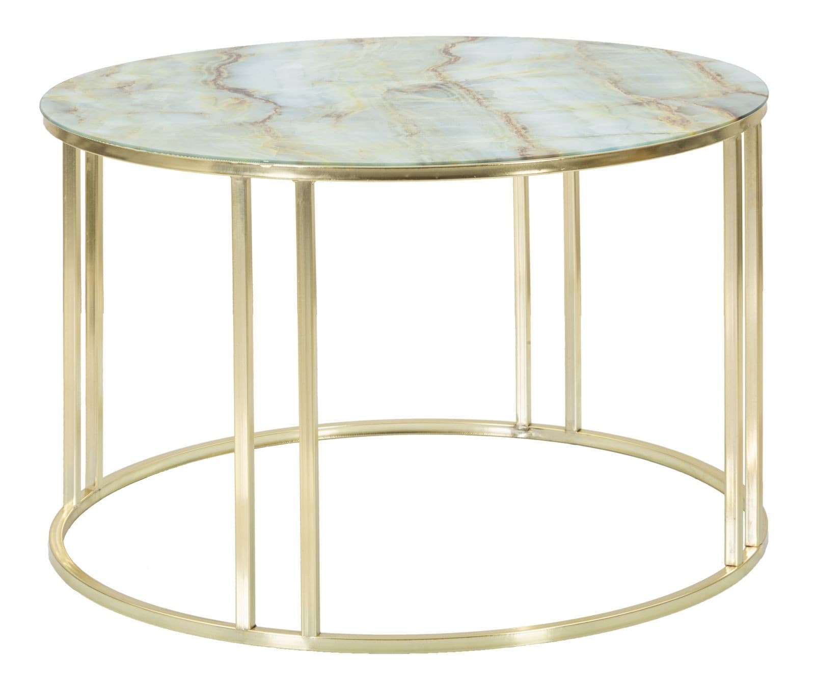 Estila Dizajnový art deco okrúhly konferenčný stolík Vertiano so sklenenou doskou s modrým mramorovým dizajnom a zlatou podstavou 75 cm