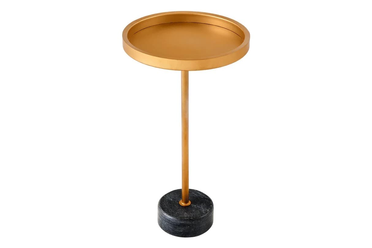 Estila Art deco okrúhly príručný stolík Stone so zlatou kovovou doskou s vyvýšeným okrajom a čiernou mramorovou podstavou 56 cm