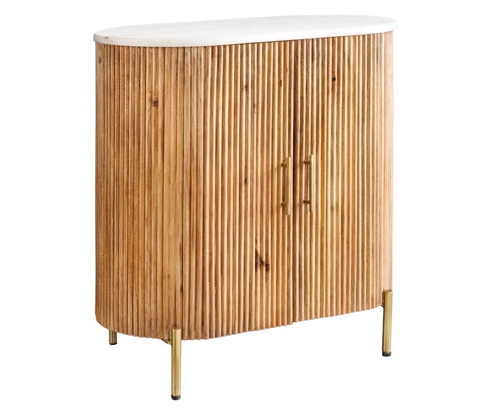 Estila Art deco oválny dvojdverový mramorový príborník Celestia s bielou doskou a mangovým drevom na zlatých nožičkách 76 cm