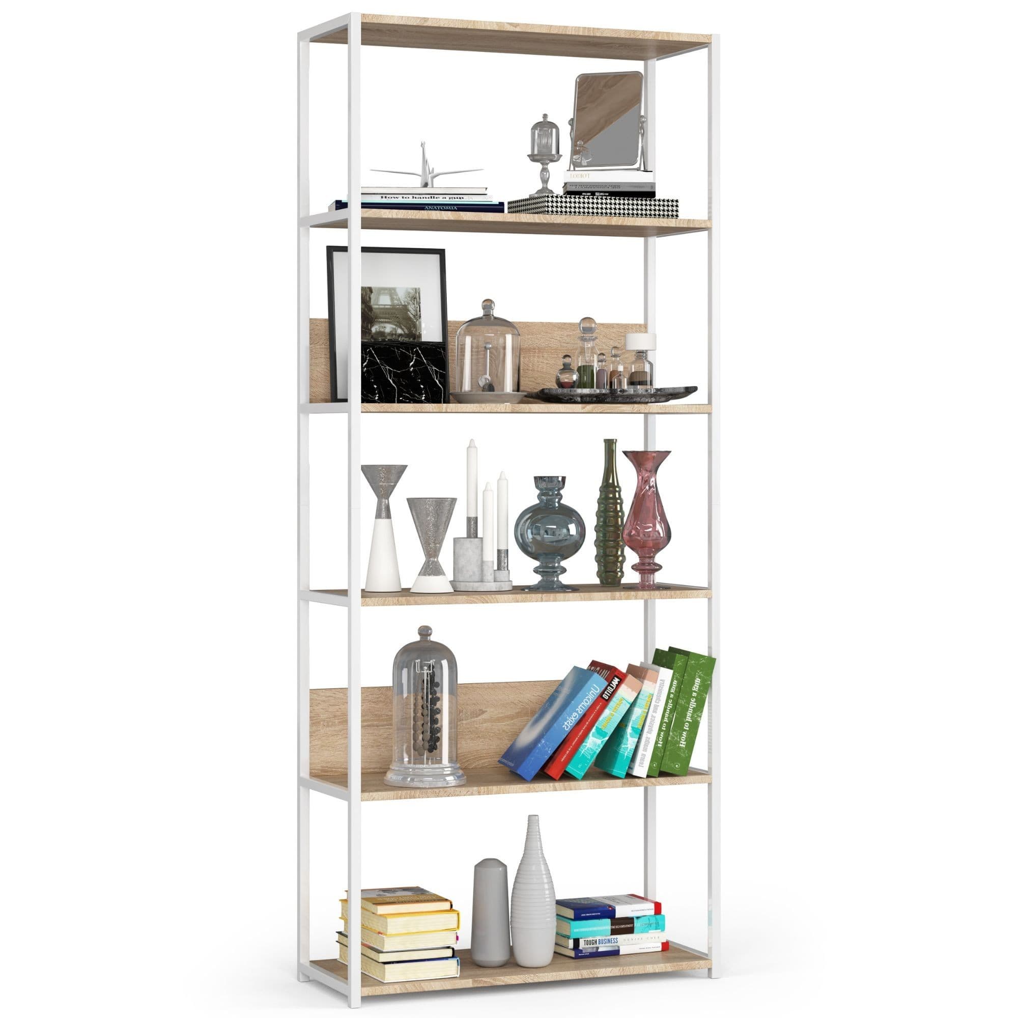 Knižnica Loft s kovovým rámom 80 cm biela/dub sonoma