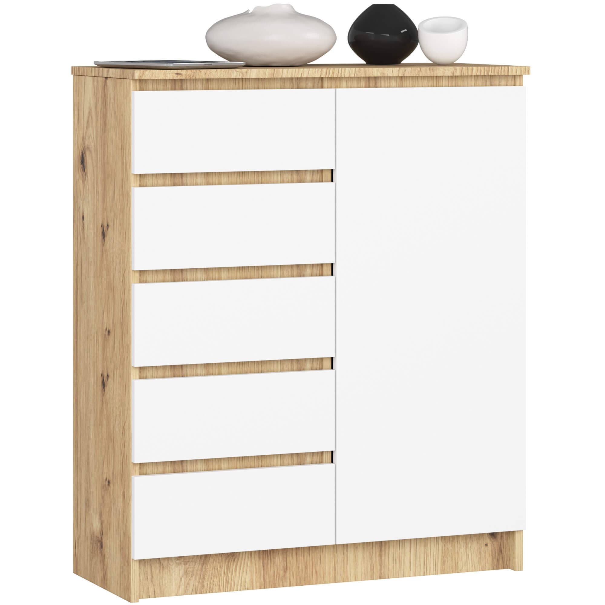Komoda JERRY 80 cm 1 dvere 5 zásuviek biela/dub artisan