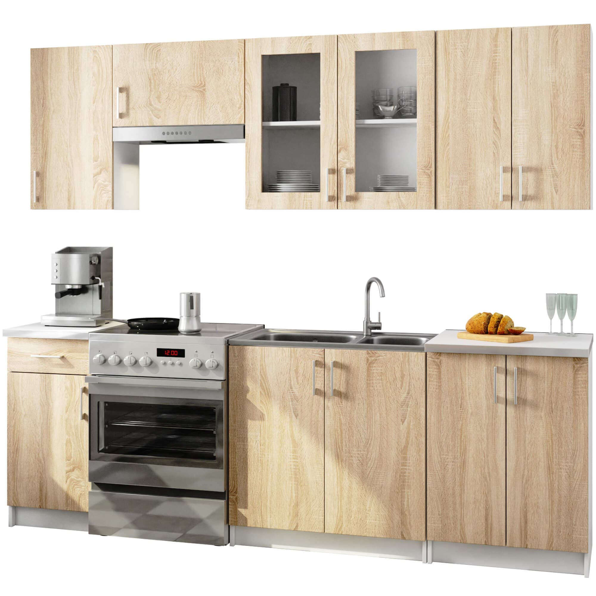 Kuchynská linka Lima 240 cm presklená biela/dub sonoma
