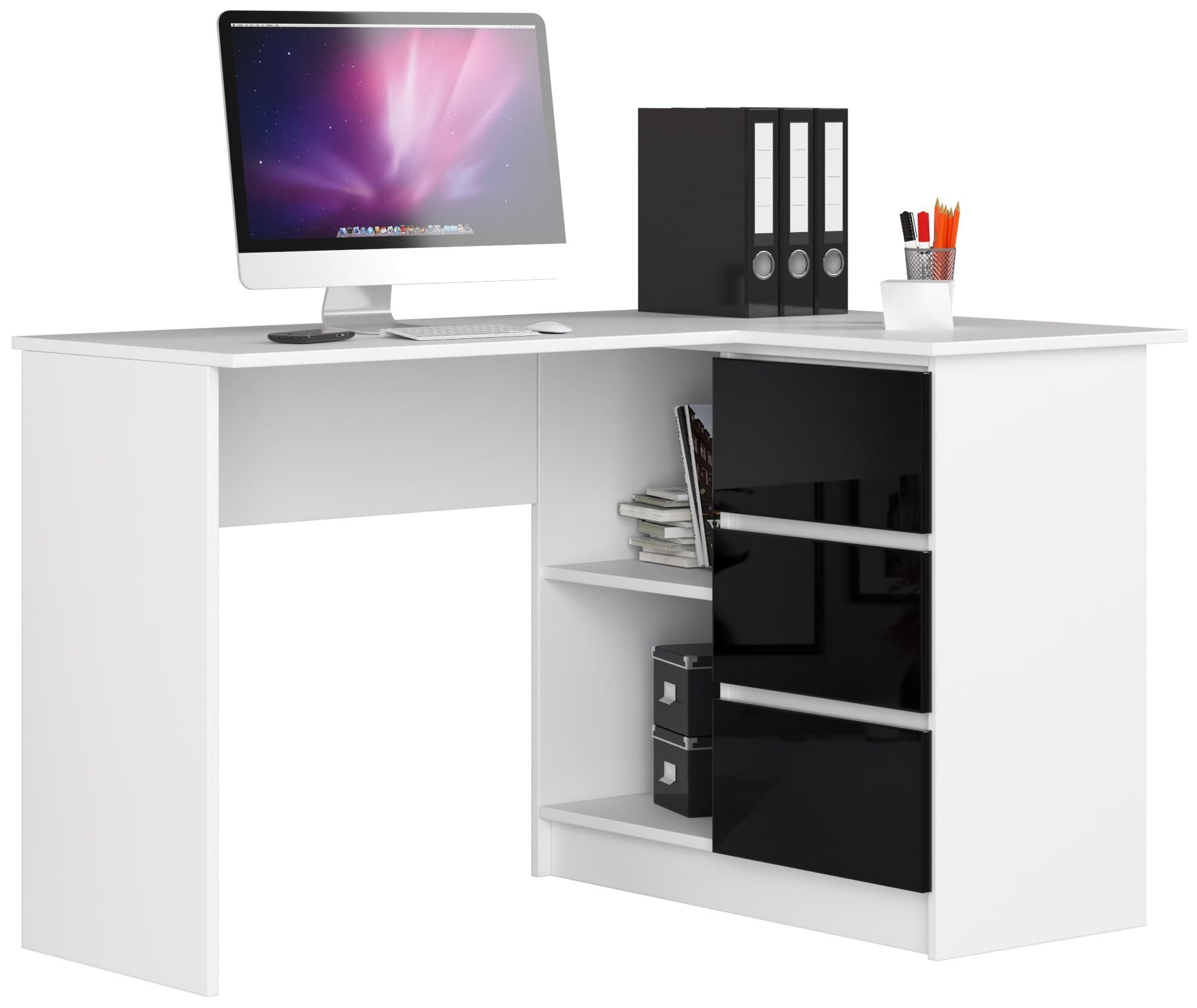 Rohový písací stôl B16 124 cm biely/čierny lesk pravý