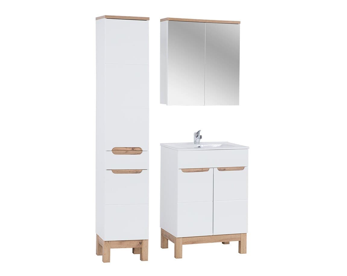Kúpeľňová zostava Bali 60 cm so zápustným umývadlom, skrinkami a zrkadlom dub wotan/biela