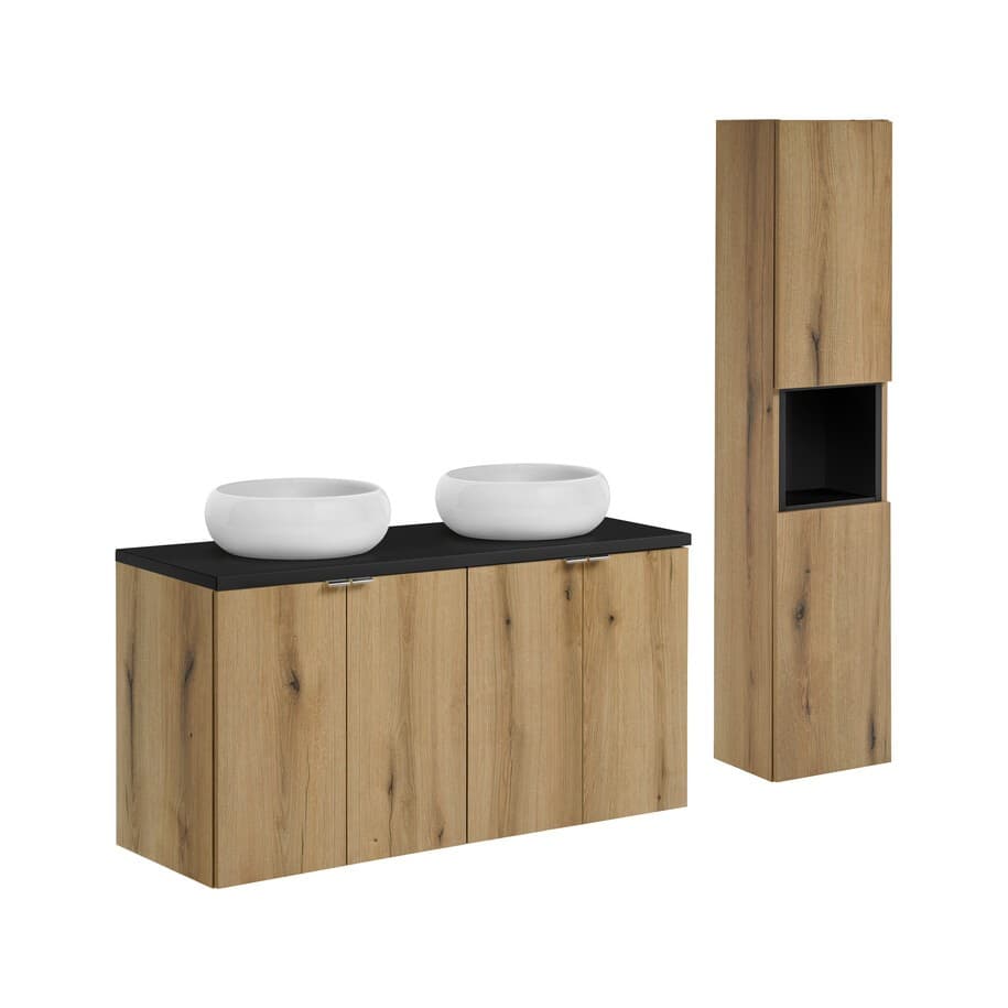 Kúpeľňová zostava Nova Oak s umývadlami a skrinkami 120 cm dub evoke/čierna
