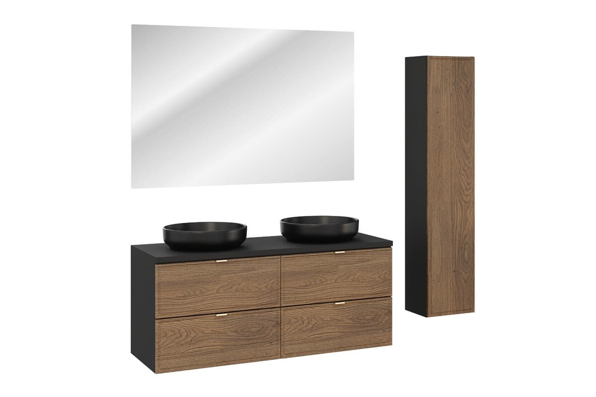 Kúpeľňová zostava s doskou, skrinkami, umývadlami a zrkadlom Talia Casella 120 cm čierna mat/dub casella