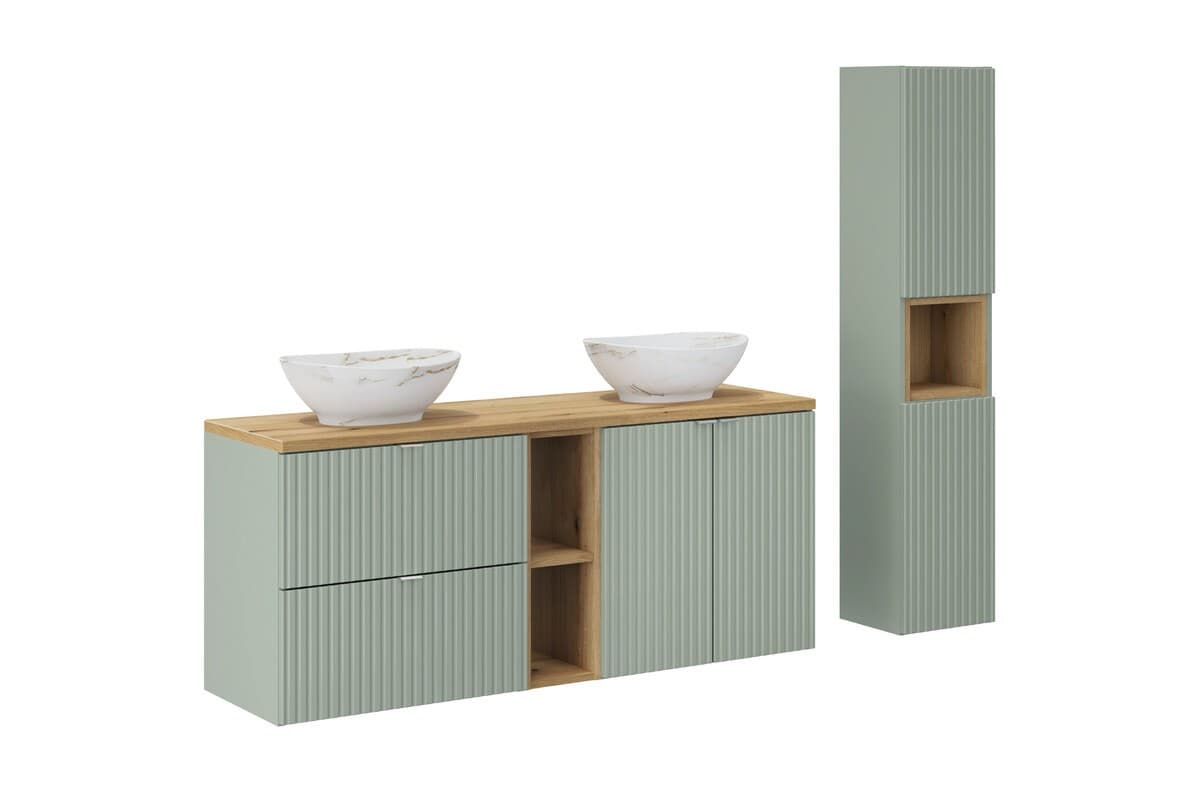 Kúpeľňová zostava Line Reed Green so skrinkami a umývadlami 140 cm zelená/dub evoke