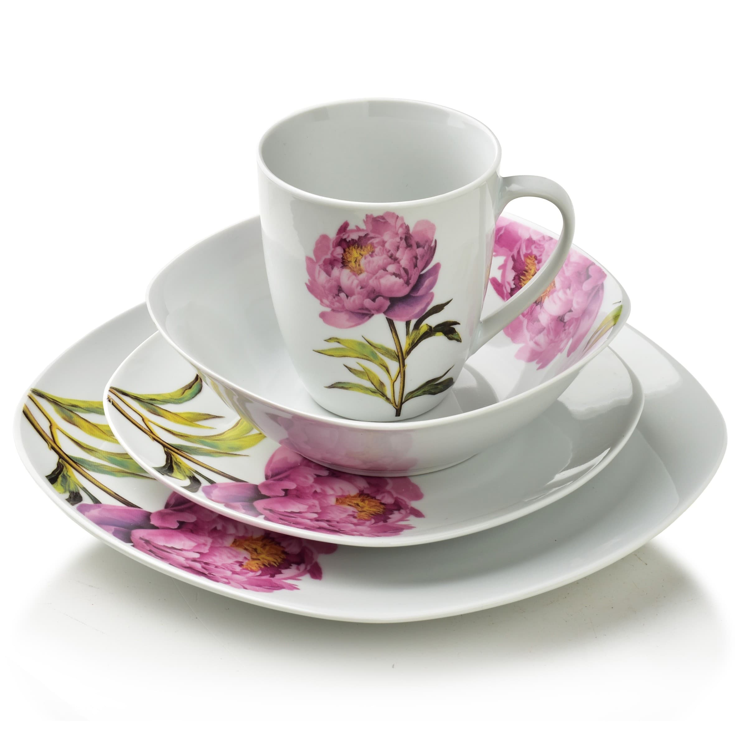 Porcelánová jedálenská súprava s hrnčekom LEA Peony 16 ks biela/ružová