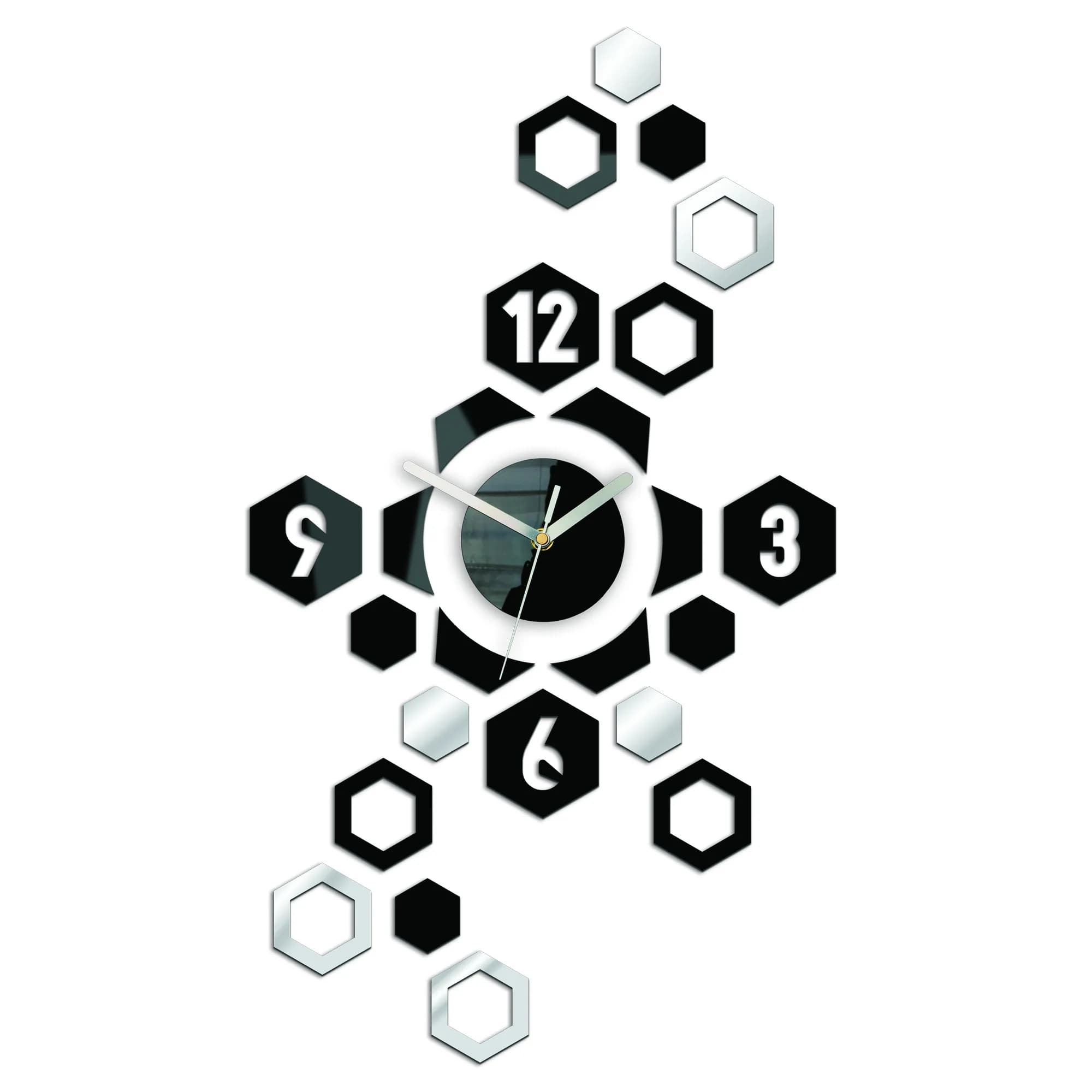3D nalepovacie hodiny Hexagon čierno-zrkadlové