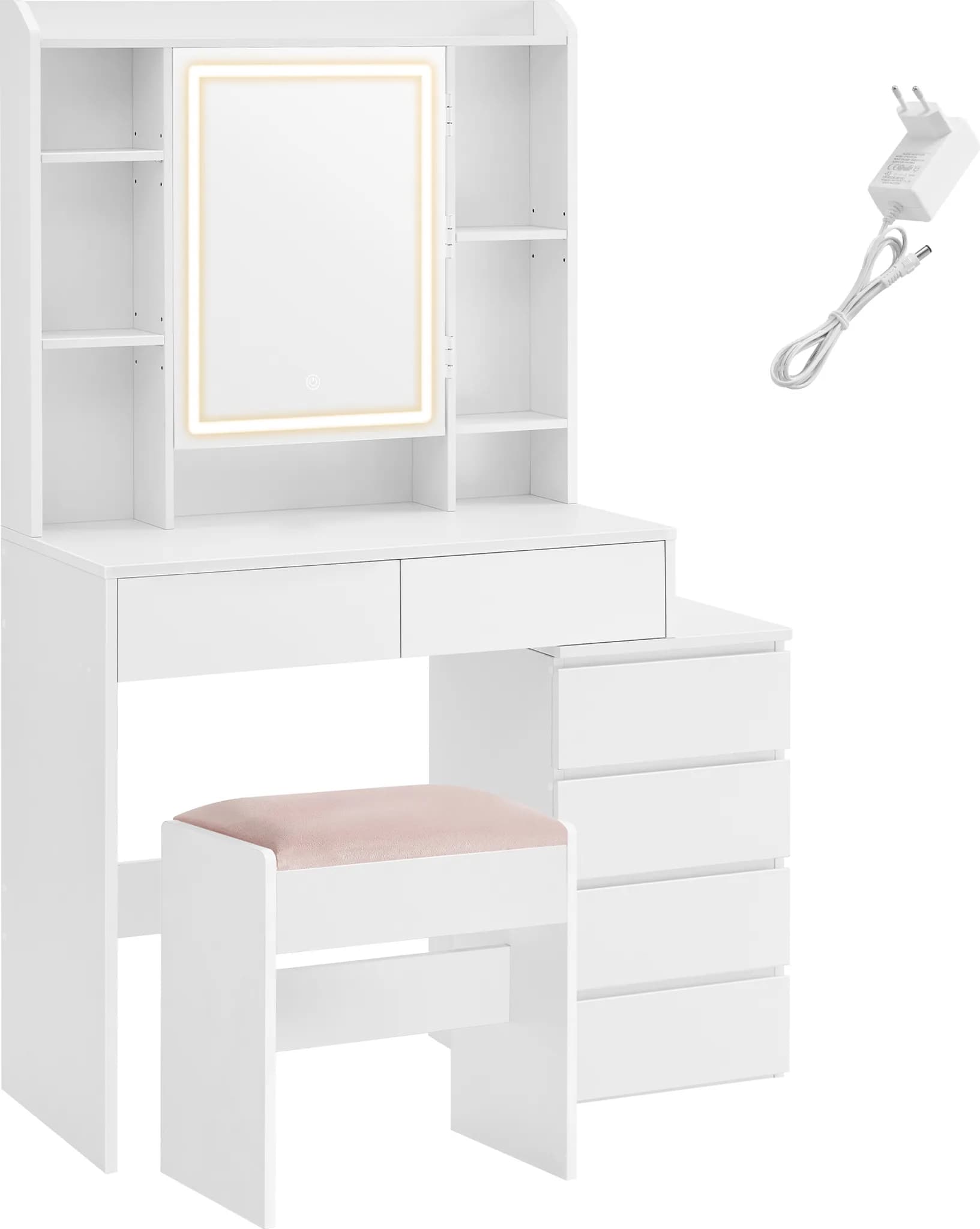 Toaletný stolík s LED osvetlením a taburetom Vasagle Ginny 98 cm biely
