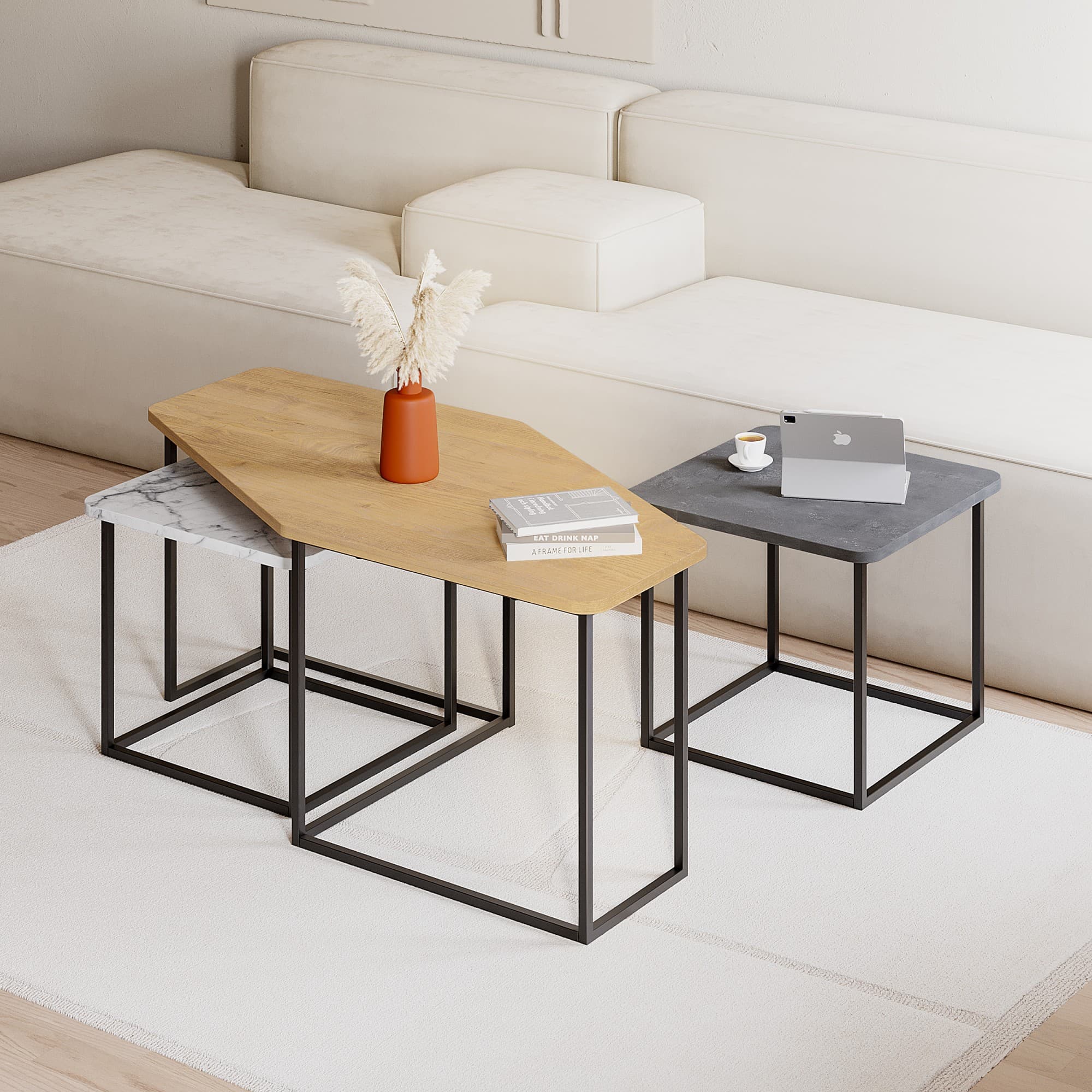 Súprava konferenčných stolíkov Houseland Nesty retro sivá/Carrara