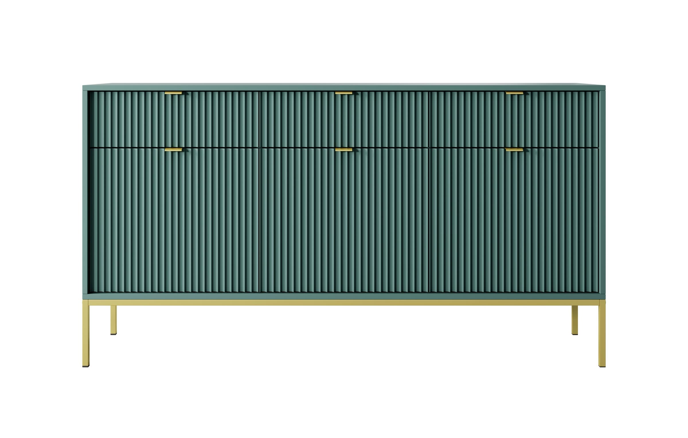 Komoda Nova 154 cm zelená/zlaté úchyty a zlatý rám