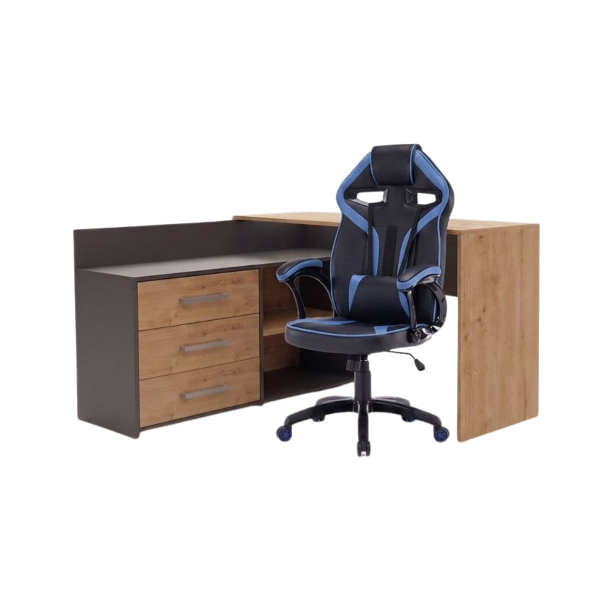 Rohový písací stôl Dany dub Artisan/antracit s herným kreslom Drift čierno-modrým
