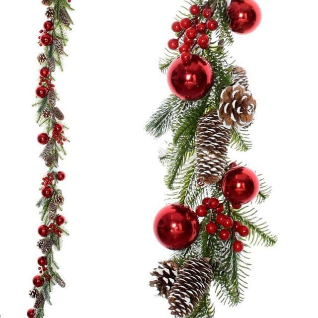 Kinekus Girlanda vianočná, šišky + gule, červené, 170cm