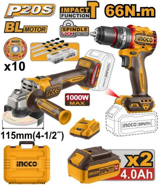 INGCO Vŕtačka bezkartáčová CIDLI206681 a Uhlová brúska CAGLI21154 INGCO AKU 20V KIT P20S