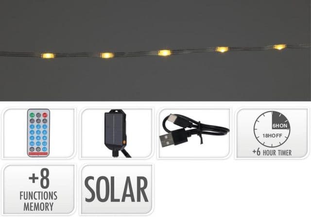 Kinekus Svetlo 240 LED, 12m, reťaz, teplé biele solárne s časovačom, s funkciami