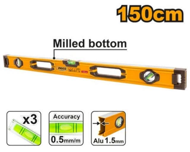 INGCO Vodováha 1500mm ALU 3 libely INGCO INDUSTRIAL, s drážkou