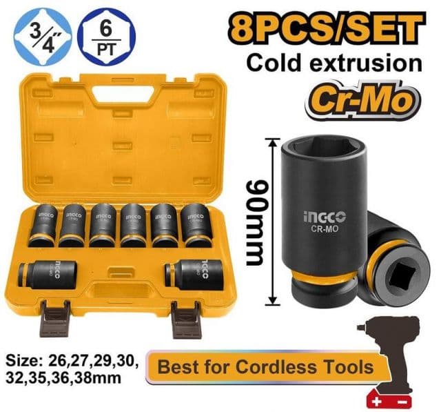 INGCO Gola sada pre rázové uťahováky, 3/4", 8-dielna sada, INGCO Industrial