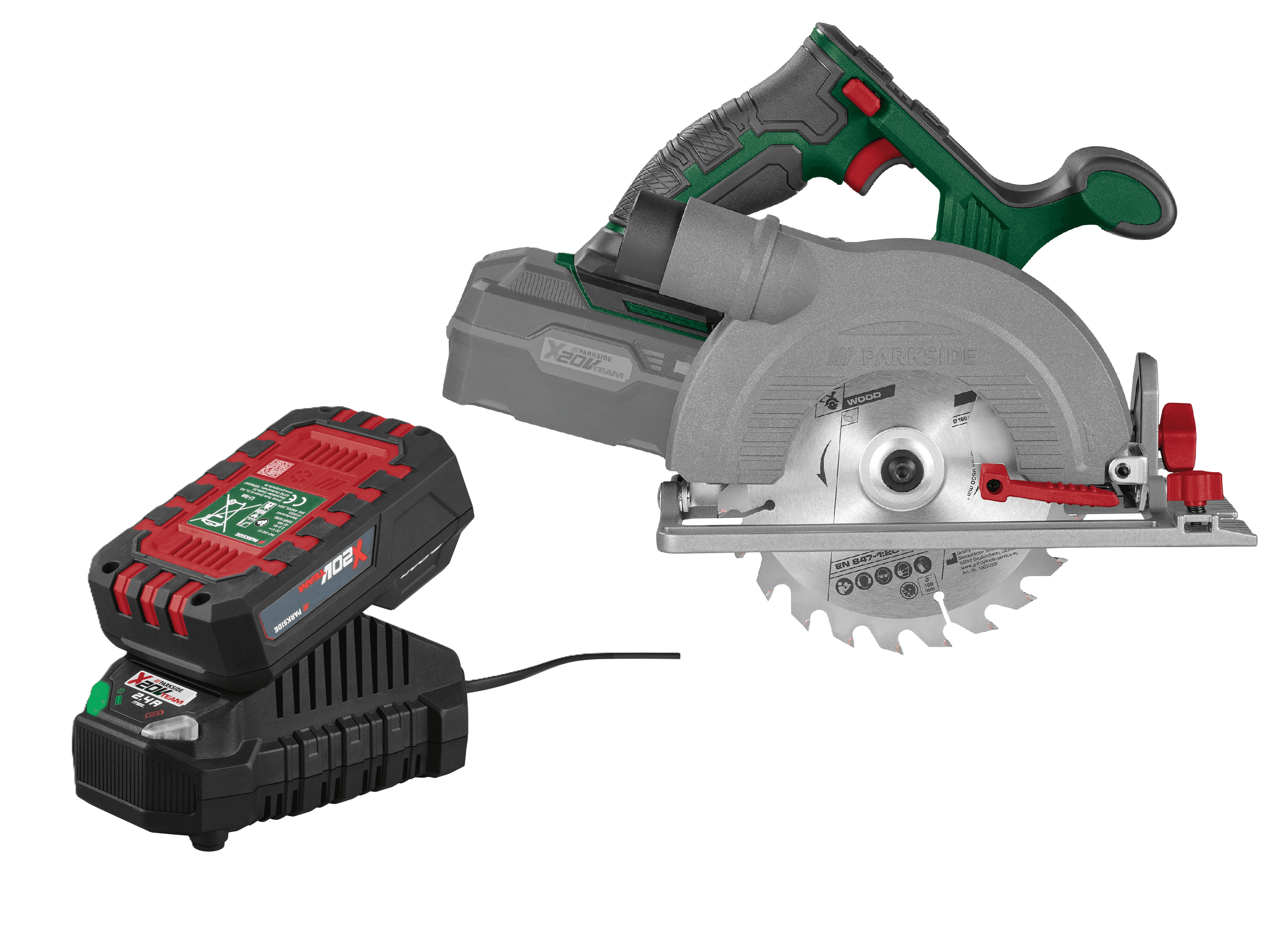 PARKSIDE® Aku ručná kotúčová píla 20 V PHKSA 20-Li C4 + Akumulátor 20 V/2 Ah + Nabíjačka 20 V/2,4 A