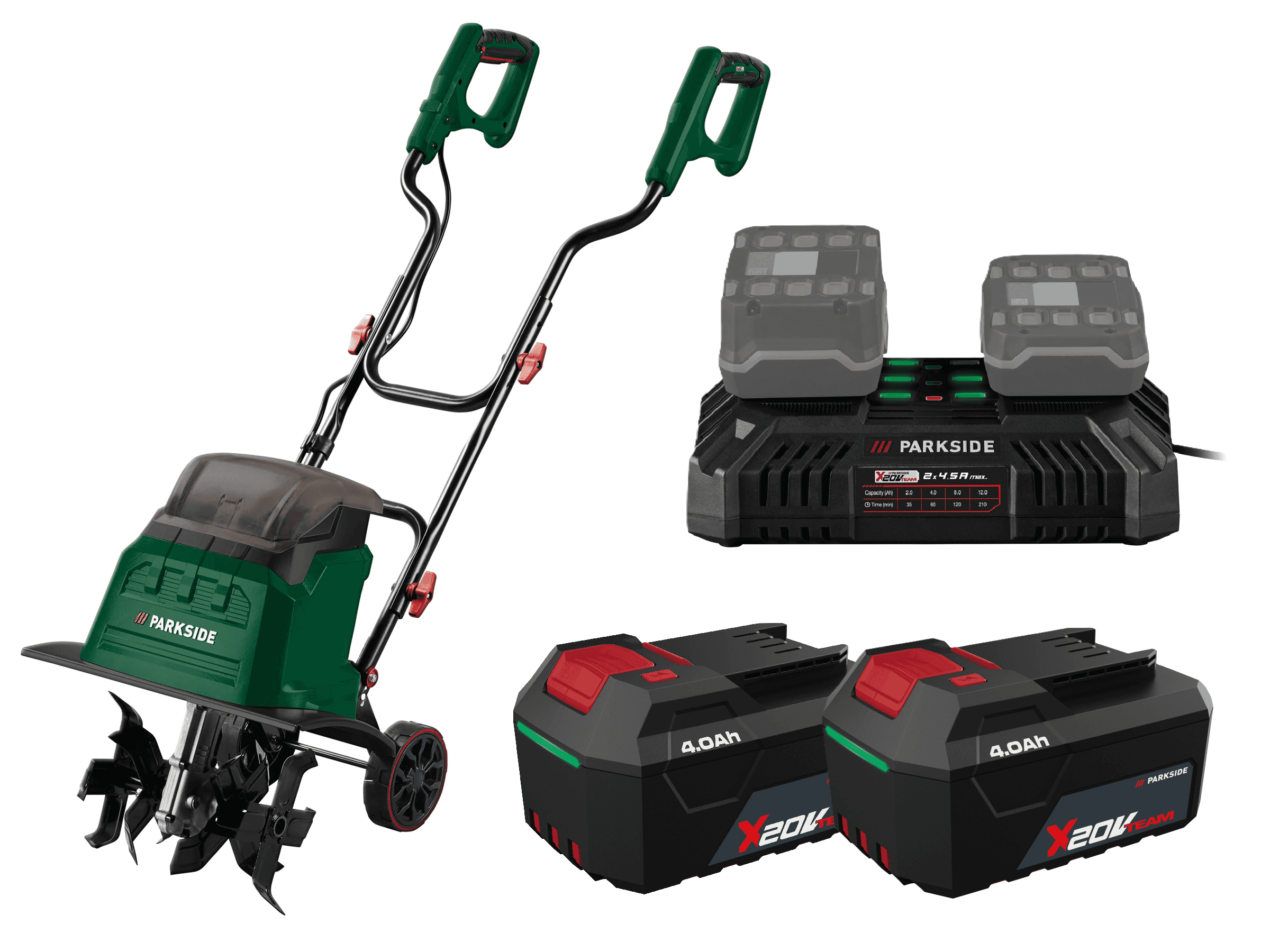 PARKSIDE® Aku kultivátor 40 V PABH B2 + Akumulátor 20 V/4 Ah, 2 kusy + Dvojitá nabíjačka 20 V/4,5 A