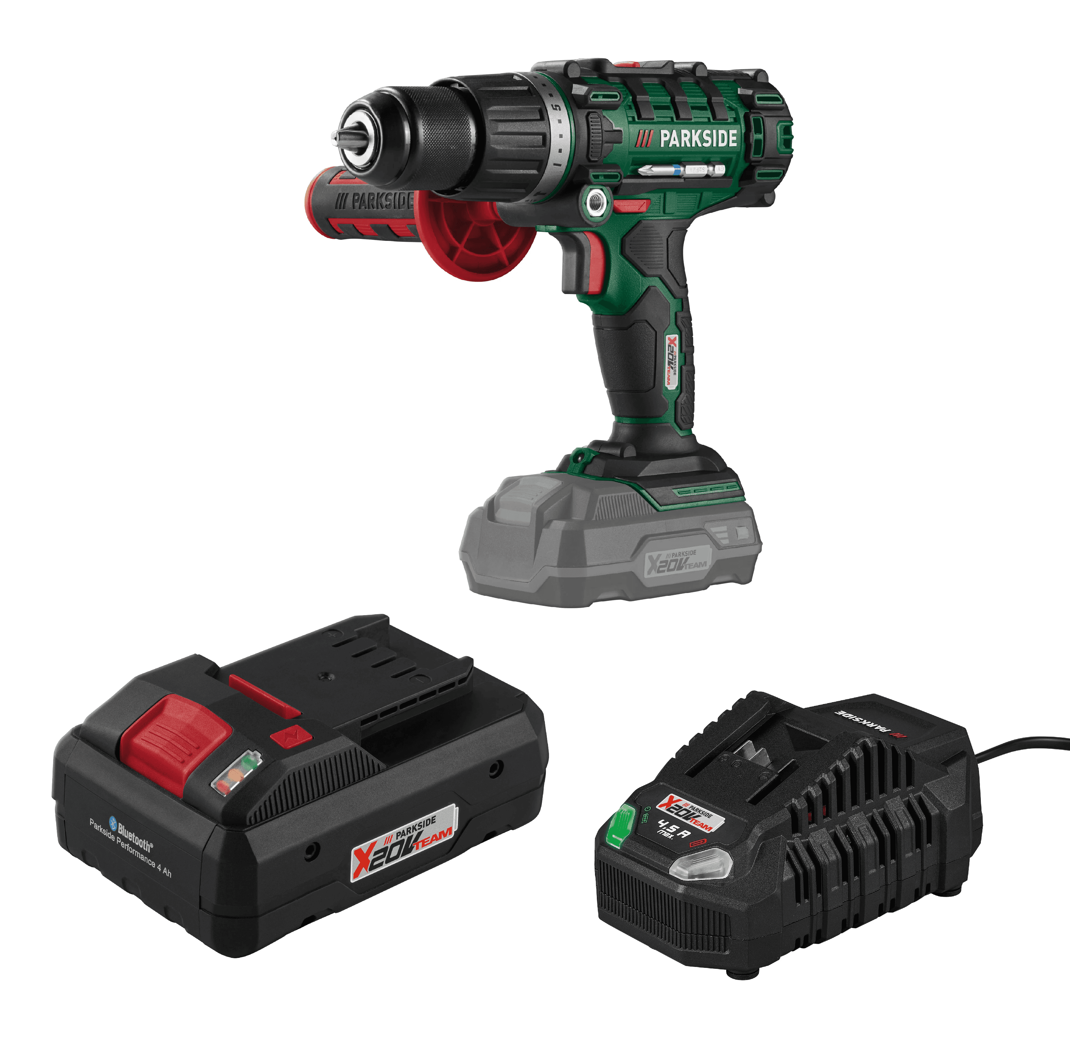 PARKSIDE® Aku príklepový vŕtací skrutkovač 20 V PSBSA E4 + Smart akumulátor 20 V/4 Ah + Rýchlonabíjačka akumulátora 20 V/4,5 A