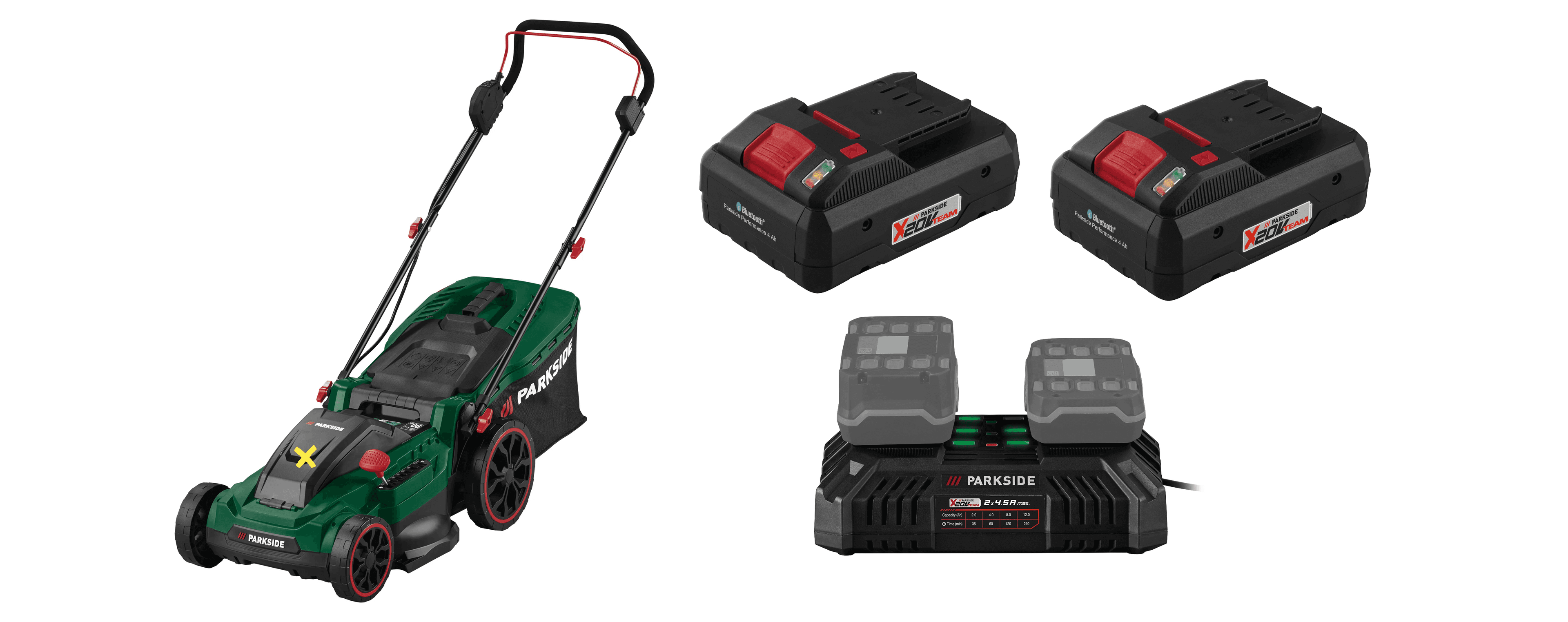 PARKSIDE® Aku kosačka na trávu 40 V PARM 41 A1 + Smart akumulátor 20 V/4 Ah PAPS 204 B1, 2 kusy + Dvojitá nabíjačka 20 V/4,5 A