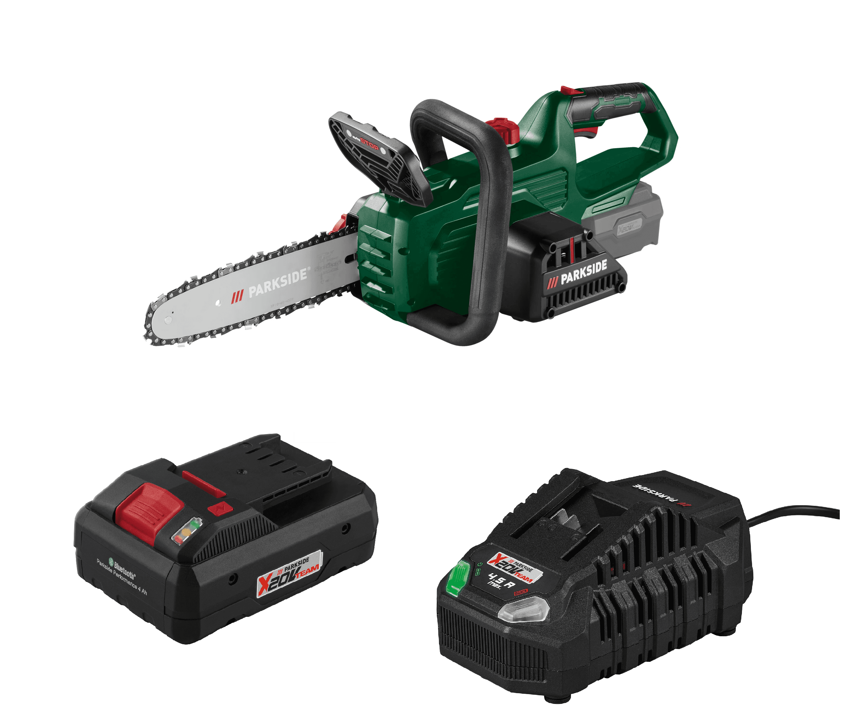 PARKSIDE® Aku reťazová píl 20 V PAKS F5 + Smart akumulátor 20 V/4 Ah + Rýchlonabíjačka akumulátora 20 V/4,5 A