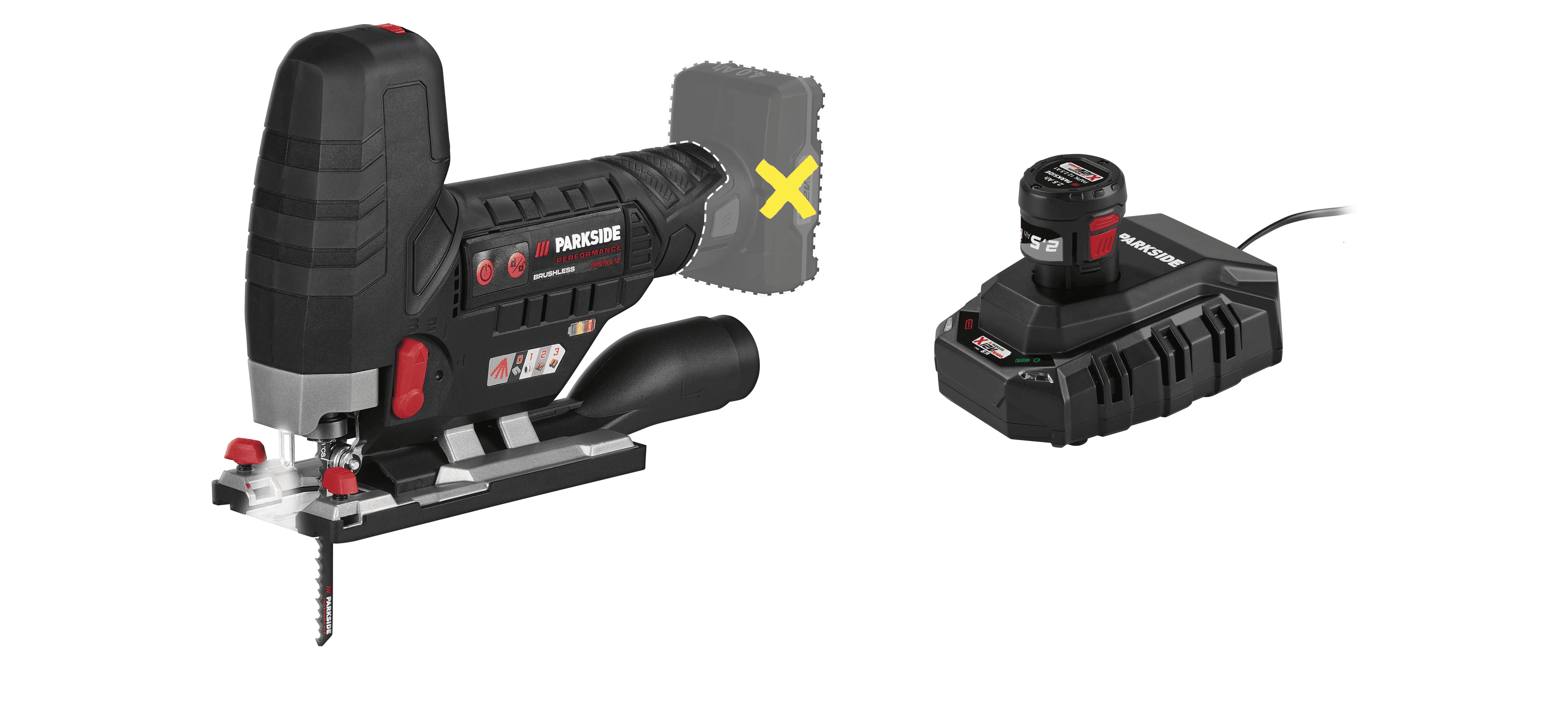 PARKSIDE PERFORMANCE® Aku priamočiara píla 12 V PPSTKA 12 A1 + Akumulátor 12 V/2,5 Ah PAPK 12 2.5 B1 + Nabíjačka 6 A PLGK 12 6.0 B1