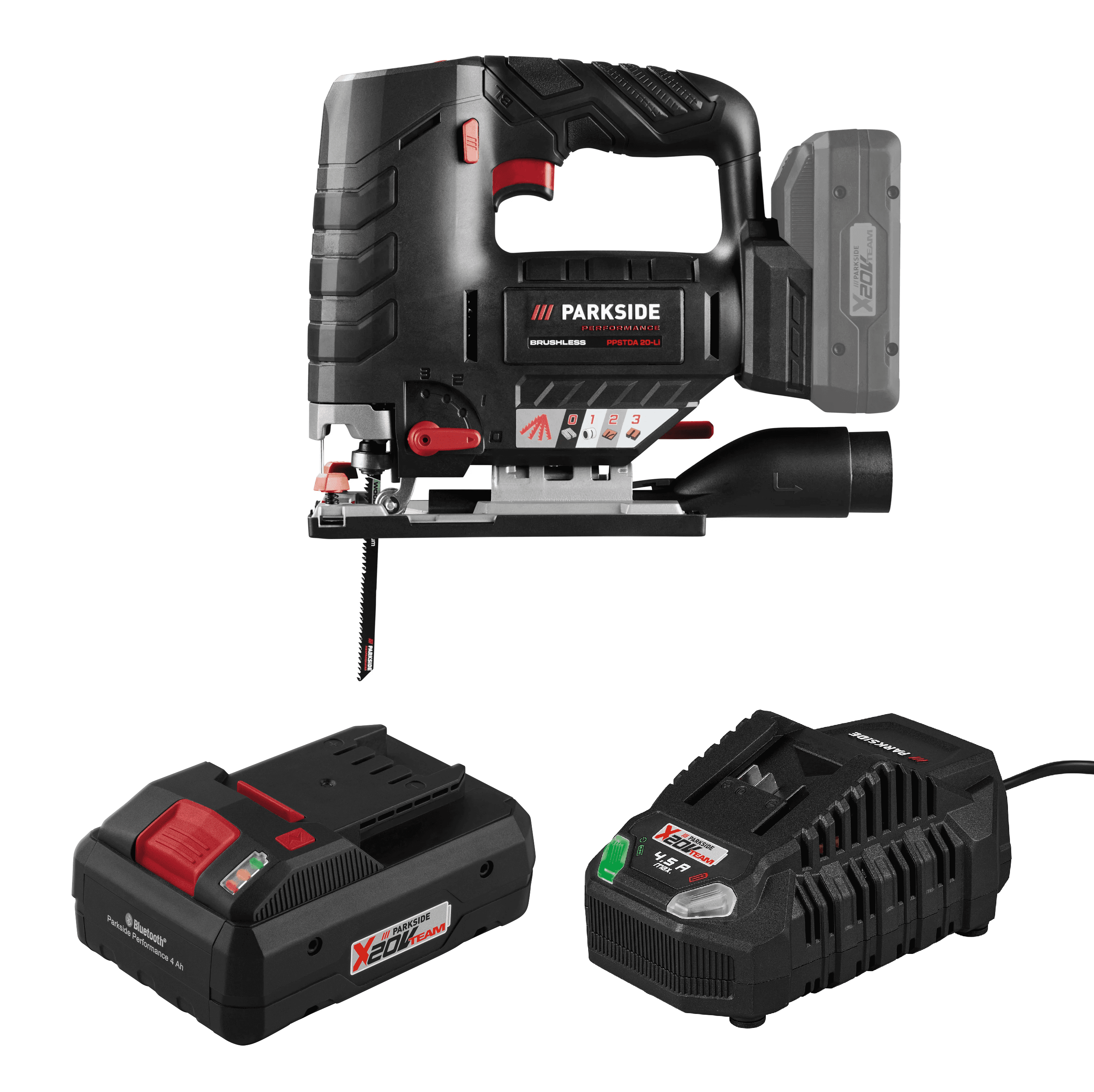 PARKSIDE PERFORMANCE® Aku priamočiara píla PPSTDA 20-Li B2 + Smart akumulátor 20 V/4 Ah + Rýchlonabíjačka akumulátora 20 V/4,5 A