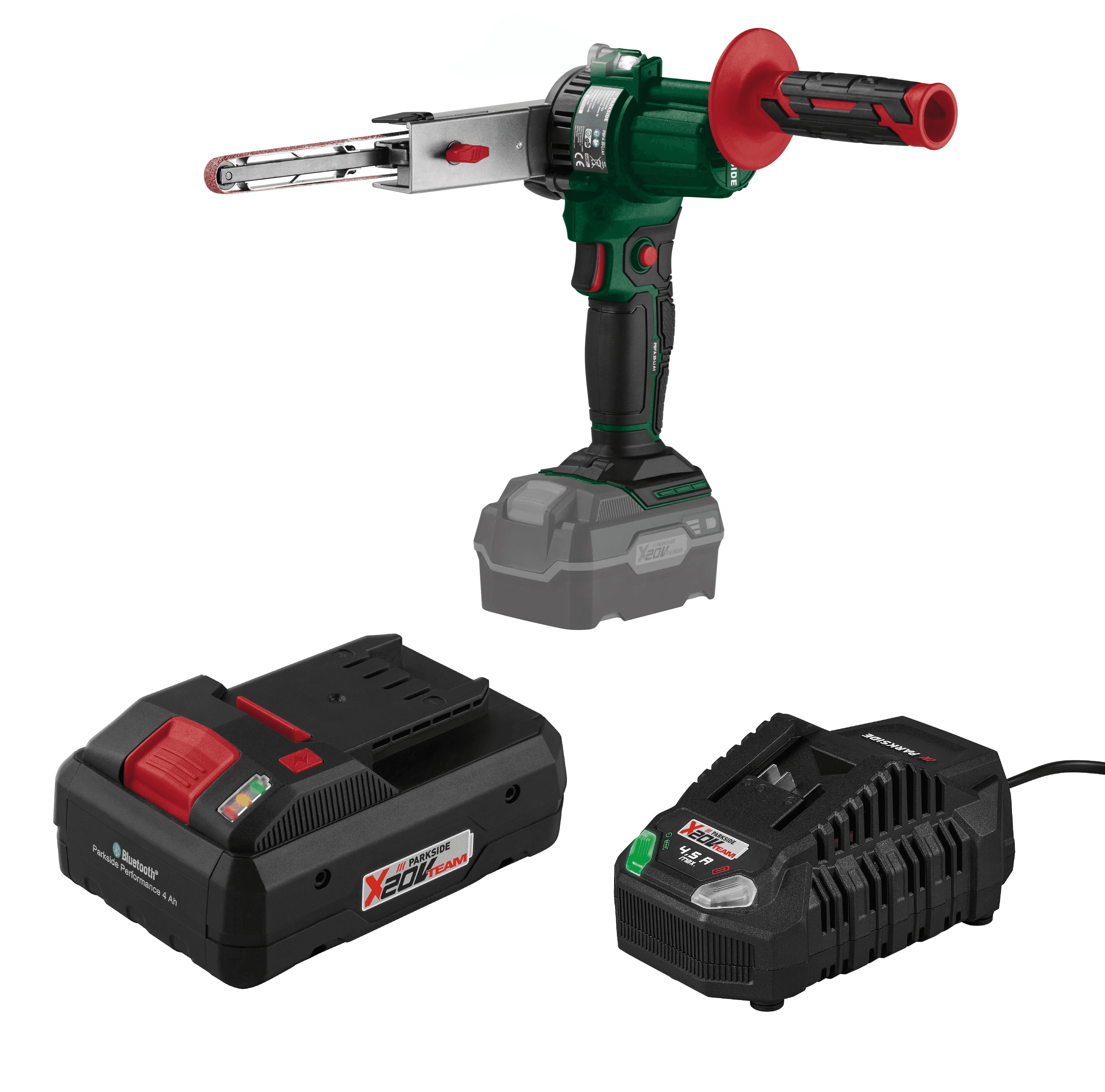 PARKSIDE® Aku pásový pilník 20 V PBFA 20-Li A1 + Smart akumulátor 20 V/4 Ah + Rýchlonabíjačka akumulátora 20 V/4,5 A
