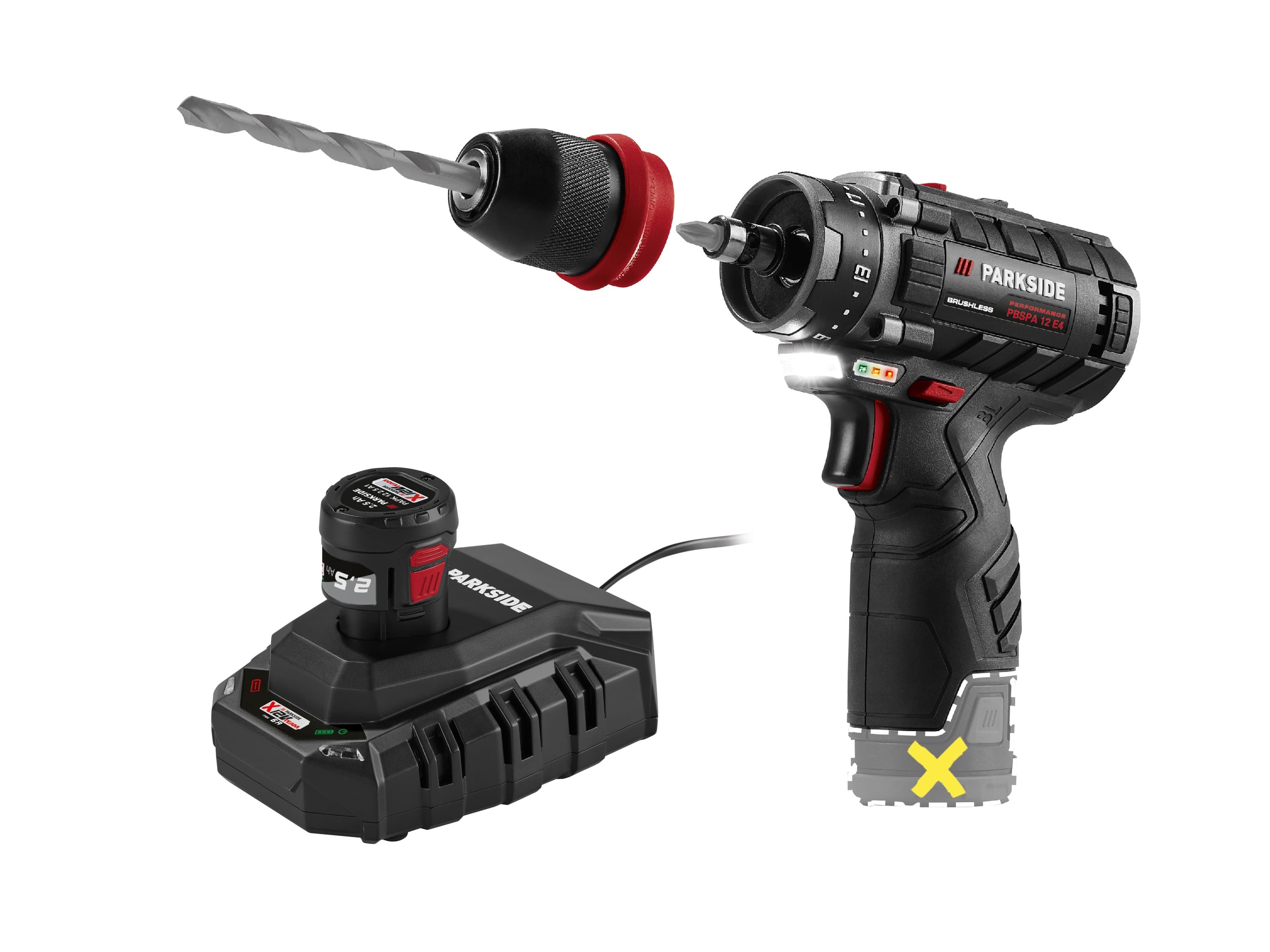 PARKSIDE PERFORMANCE® Aku vŕtací skrutkovač PBSPA 12 E4 + Akumulátor 12 V/2,5 Ah + Nabíjačka 6 A PLGK 12 6.0 B1