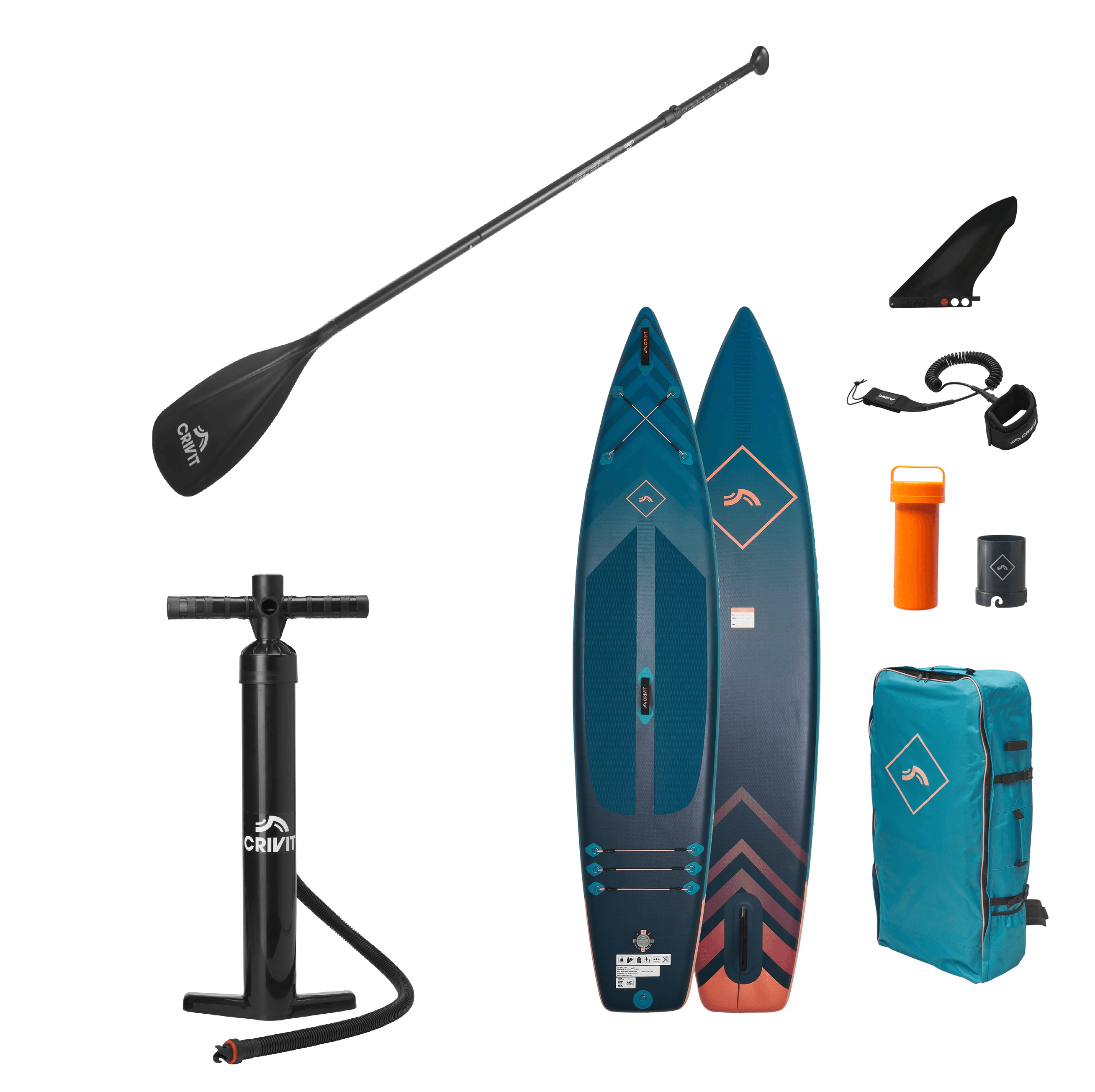 CRIVIT Jednokomorový paddleboard SUP Touring Light Weight + Pumpa na paddleboard + Pádlo na paddleboard