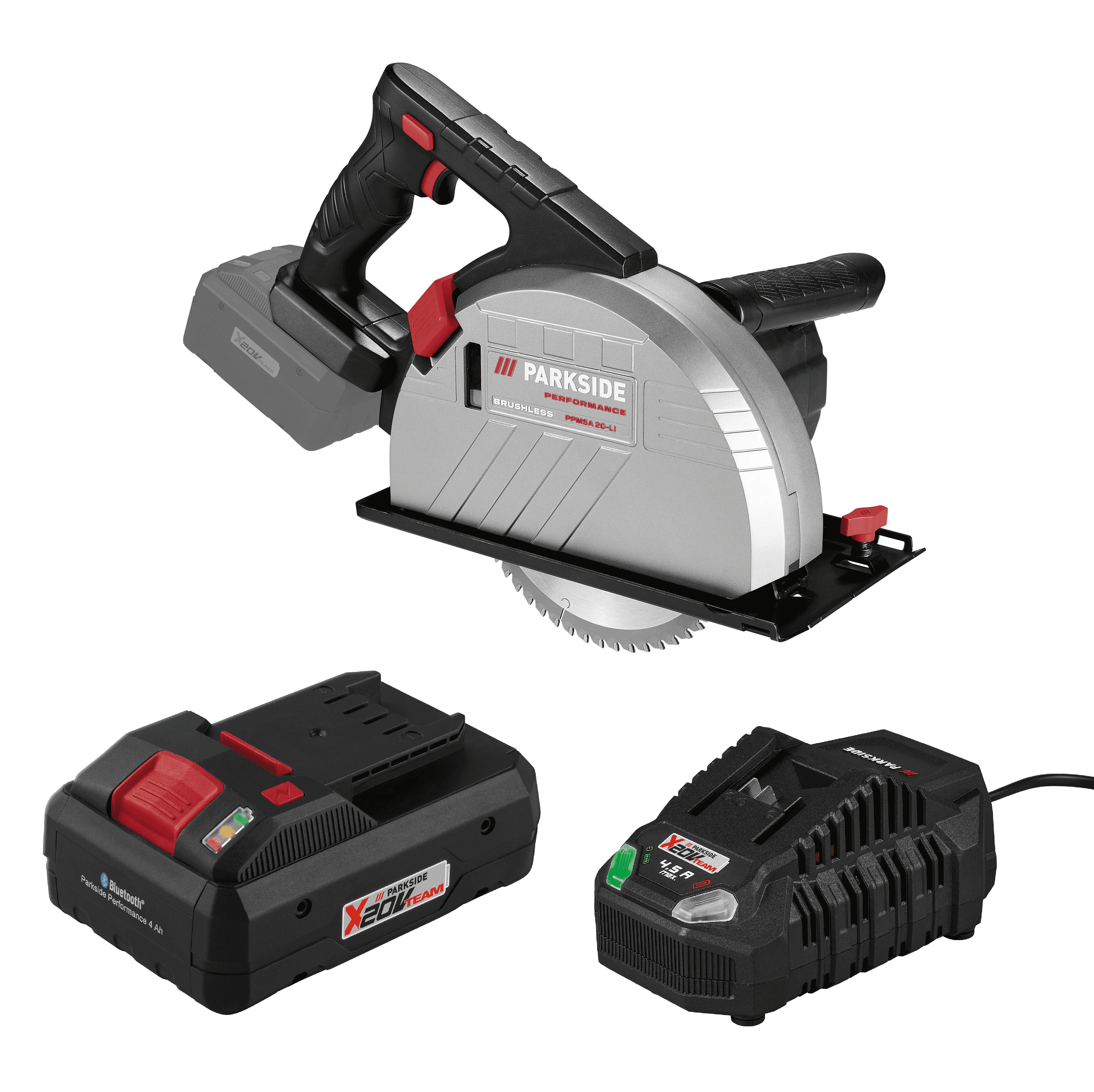 PARKSIDE PERFORMANCE® Aku ručná kotúčová píla na kov PPMSA 20-Li A1 + Smart akumulátor 20 V/4 Ah + Rýchlonabíjačka akumulátora 20 V/4,5 A