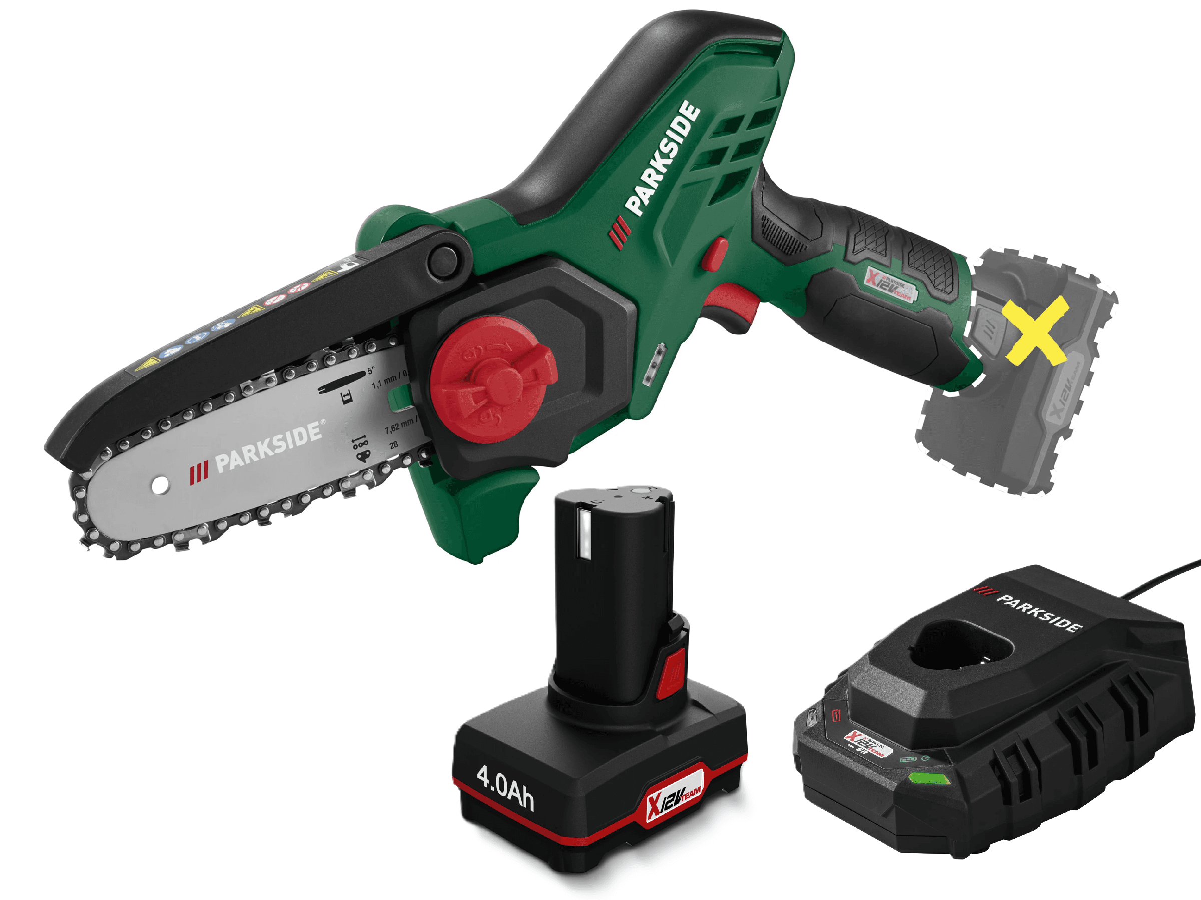 PARKSIDE® Aku reťazová píla 12 V PGHSA 12 D3 + Akumulátor 12 V/4 Ah + Nabíjačka 12 V/6 A