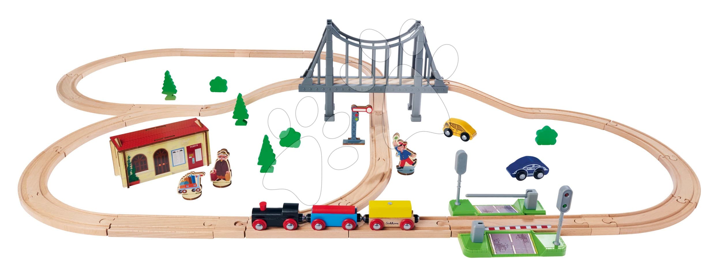 Drevená vláčikodráha Train Set with Bridge Eichhorn s rušňom vozňami mostom a doplnkami 55 dielov 500 cm dĺžka koľajníc