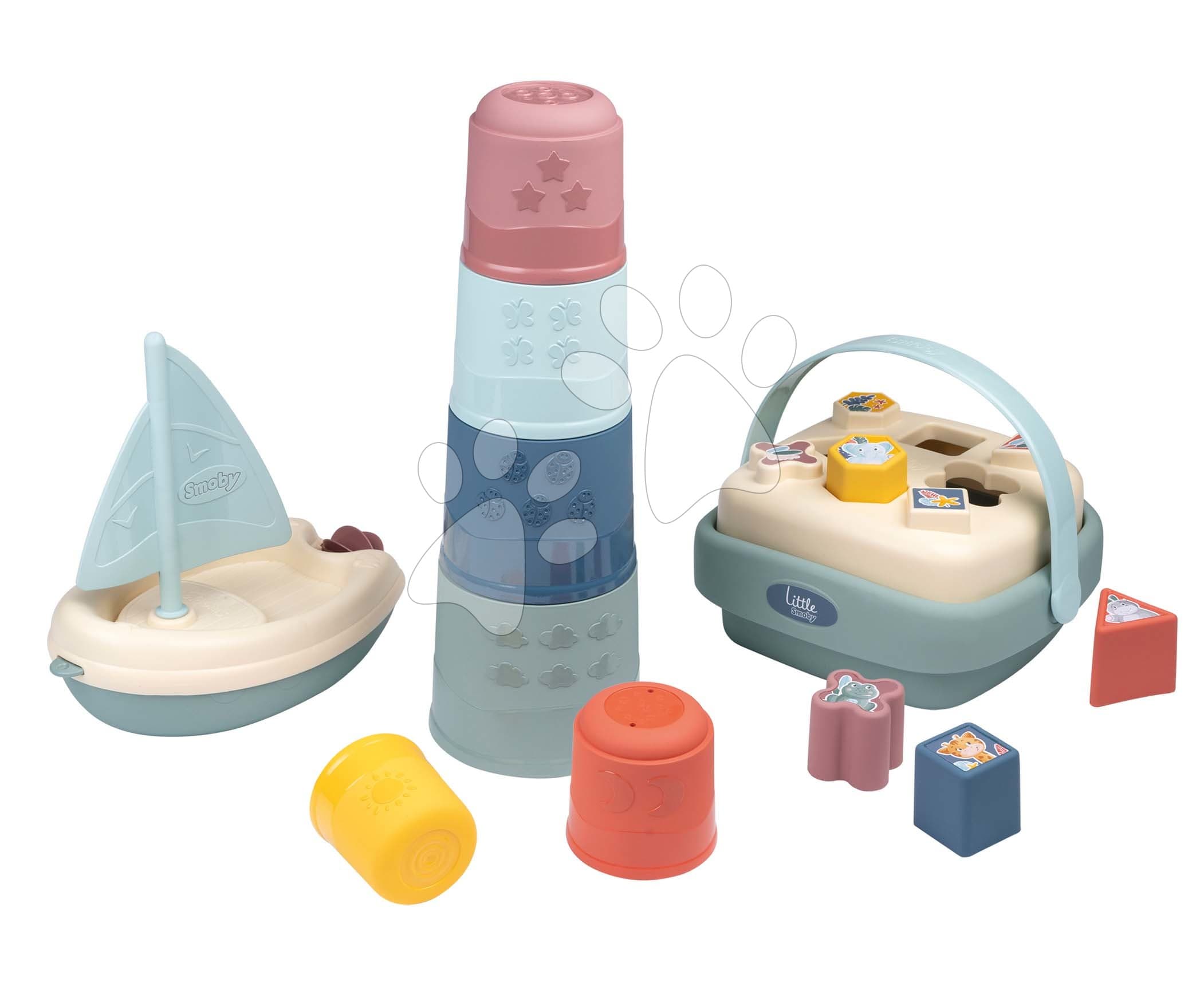 Didaktický košík s plachetnicou a skladacou vežou Awakenings and Bath Set Little Smoby s 8 kockami a 6 šálkami pre jemnú motoriku od 12 mes