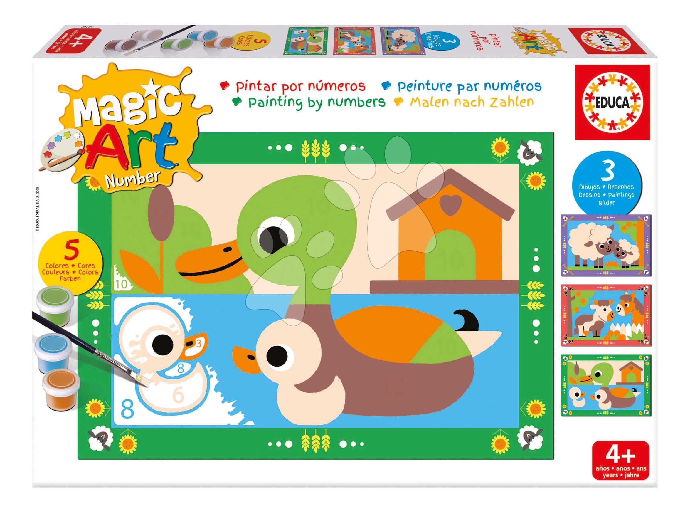 Maľovanie podľa čísiel Farma Magic Art Number Farm Educa 3 obrázky s 5 farbami štetcom a paletou od 4 rokov