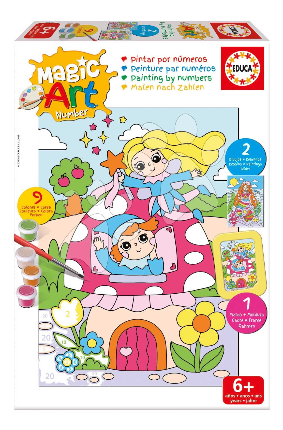Maľovanie podľa čísiel Fantázia Magic Art Number Fantasy Educa 2 obrázky s rámikom a 9 farieb so štetcom a paletou od 6 rokov