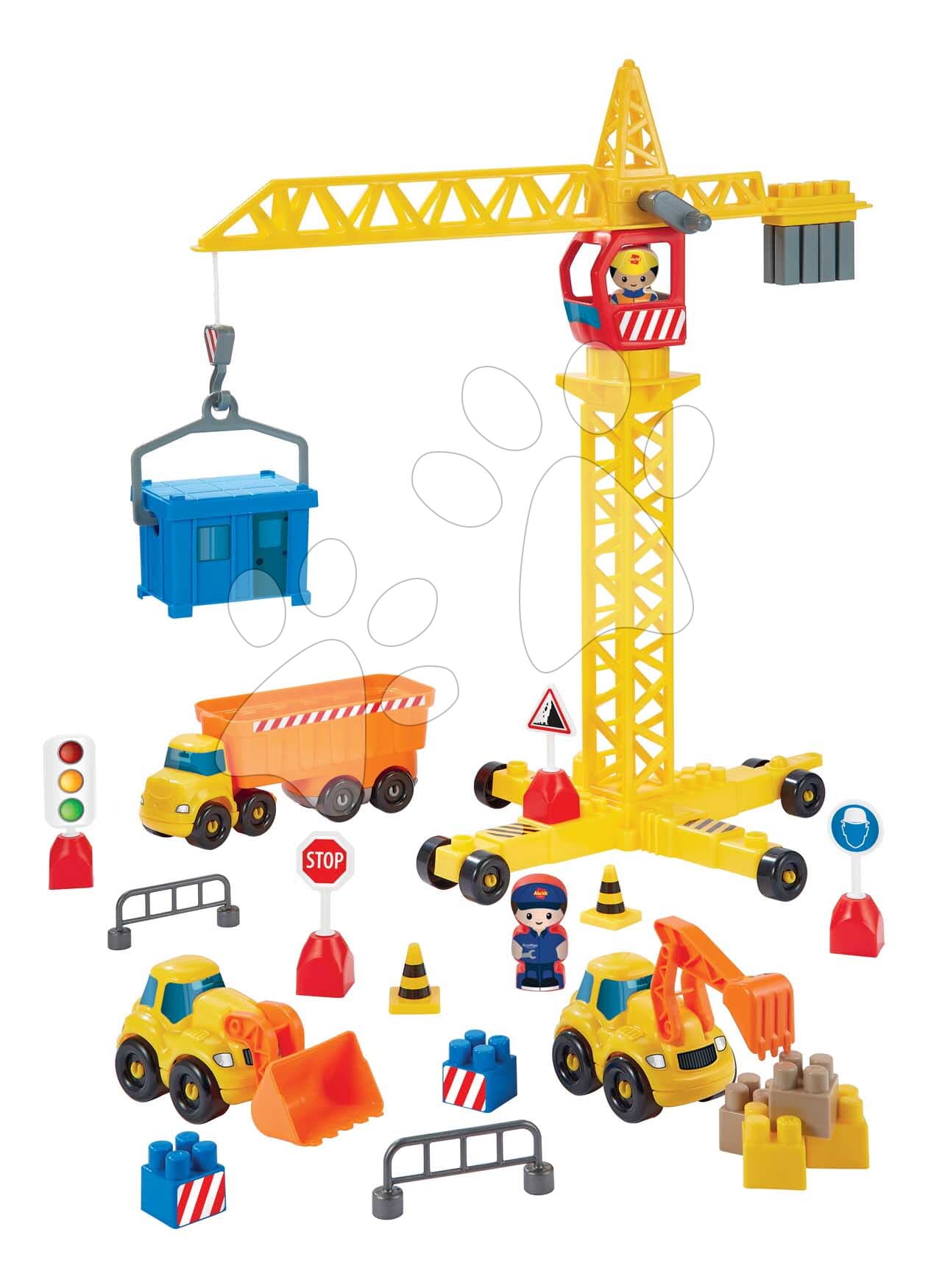 Stavebnica so žeriavom a pracovnými strojmi Public Works Abrick Écoiffier s 3 autíčkami a 2 figúrkami