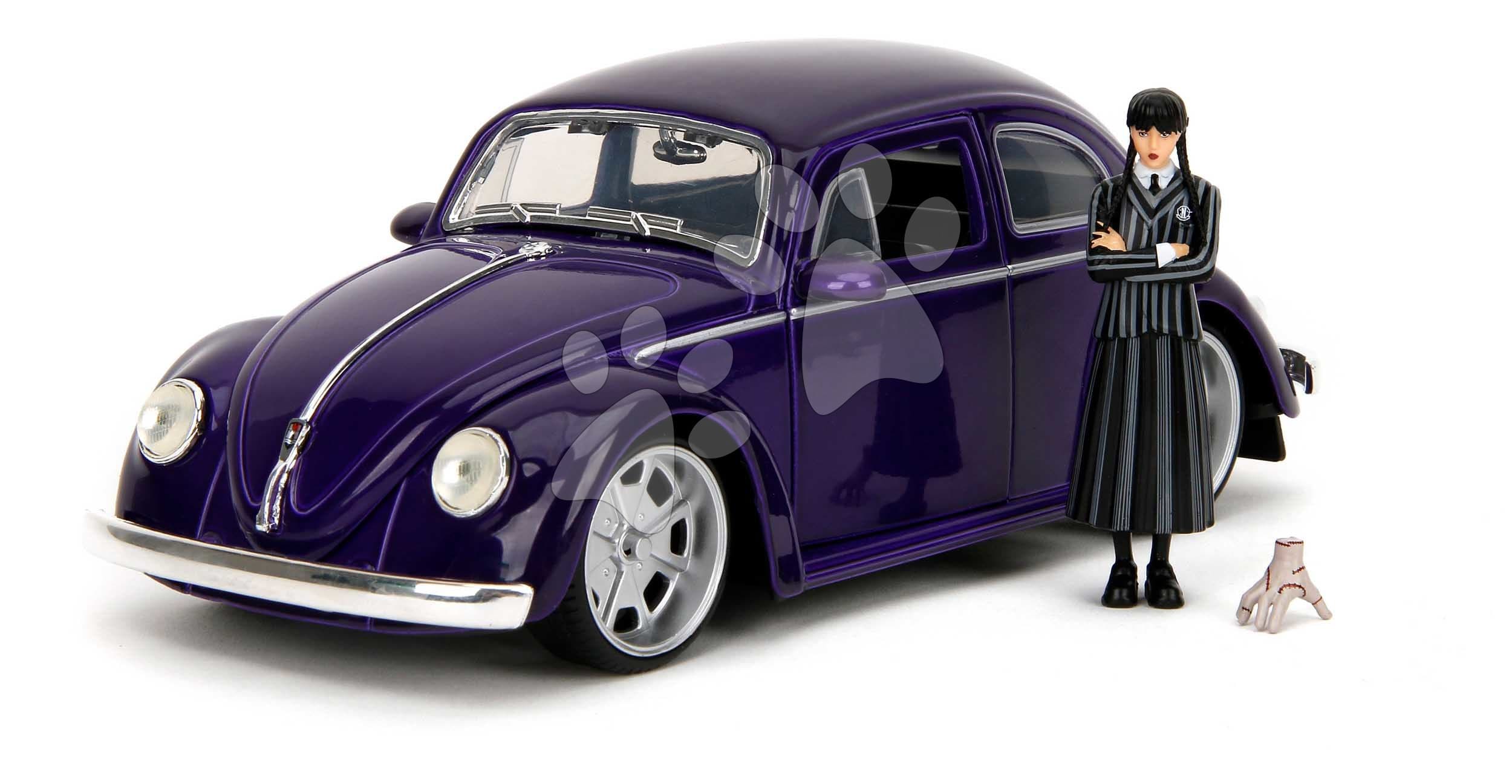Autíčko Volkswagen Beetle Hollywood Rides Jada kovové s otvárateľnými dverami a figúrkou Wednesday 1:24
