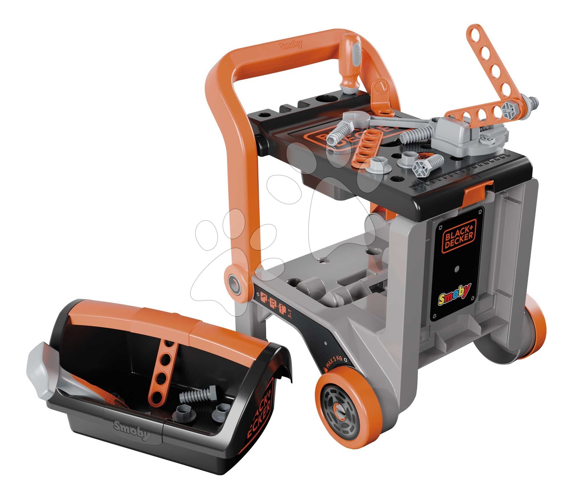 Pracovná dielňa na kolieskach multifunkčná Bricolo Devil Workmate 3v1 Black&Decker Smoby s kufríkom a náradím 19 doplnkov