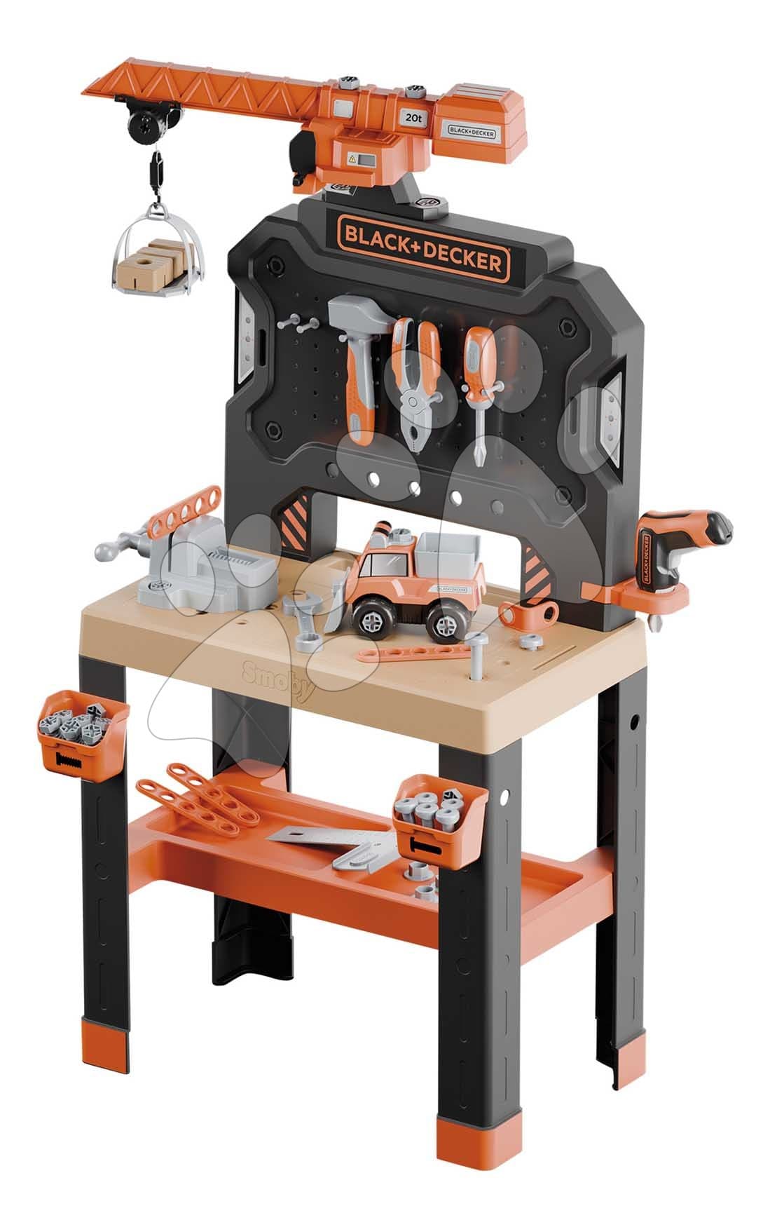 Pracovný stôl s mechanickým žeriavom Bricolo Builder Black&Decker Smoby so skladacím autíčkom a vŕtačkou 87 doplnkov 102 cm výška