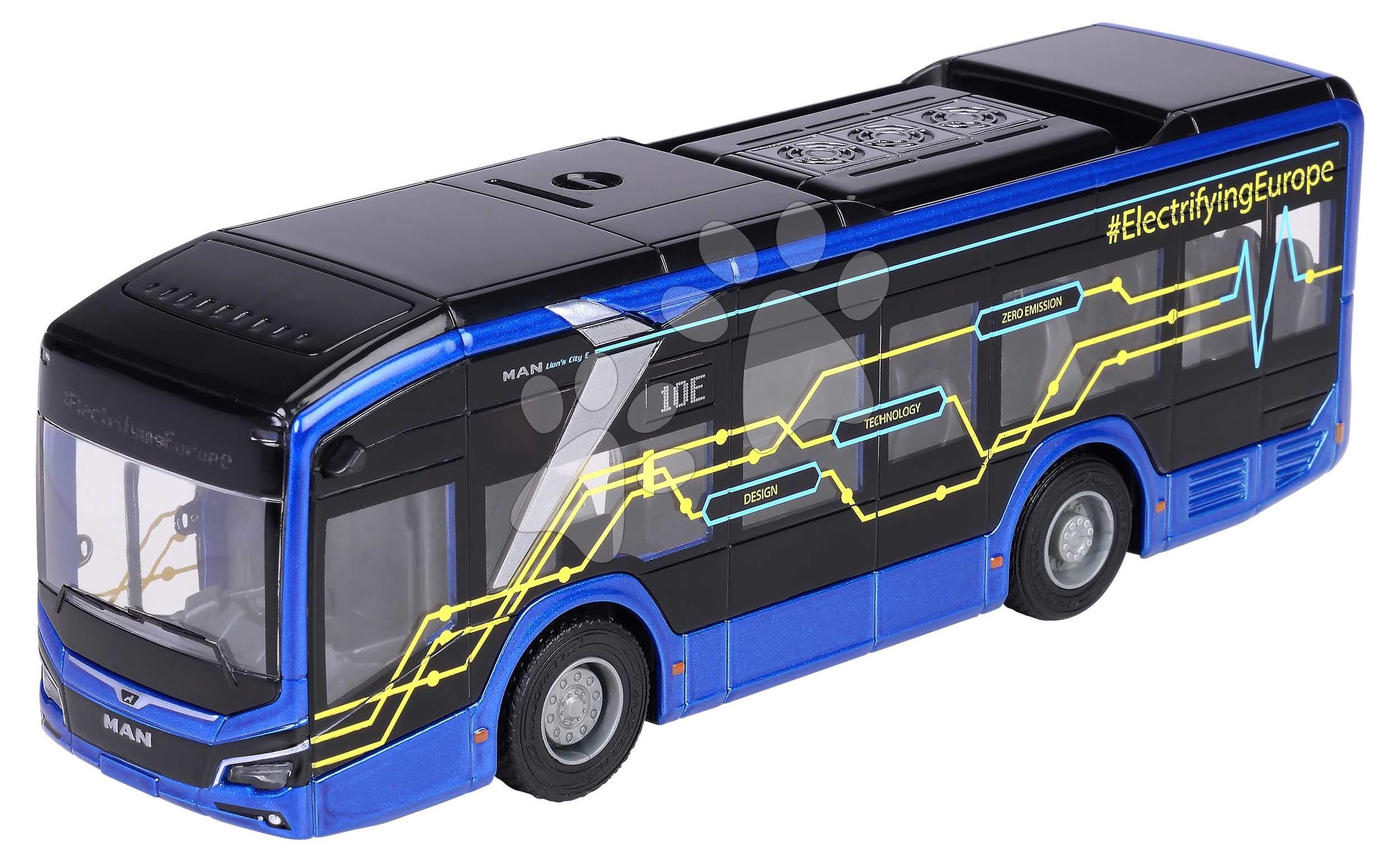 Autobus MAN Lion´s City 10 E Bus Majorette s gumenými kolieskami a otvárateľné dvere dĺžka 22,5 cm