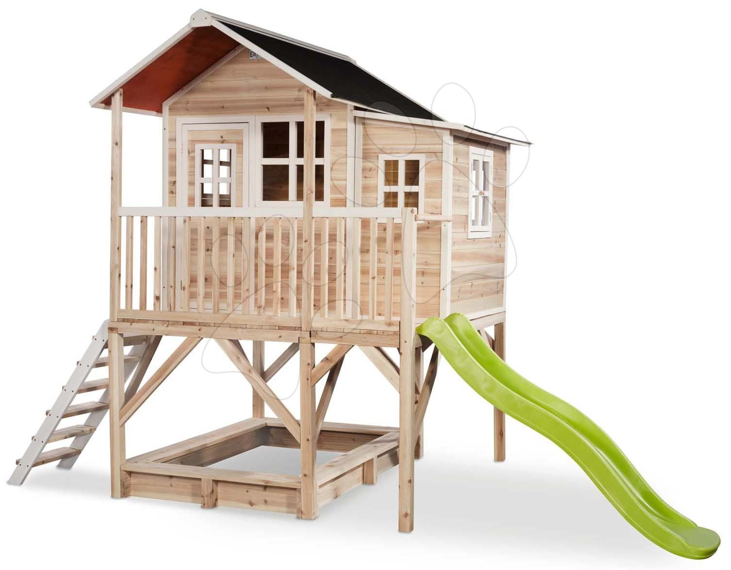 Domček cédrový na pilieroch Loft 550 Natural Exit Toys veľký s vodeodolnou strechou pieskoviskom a 1,75 m šmykľavkou prírodný