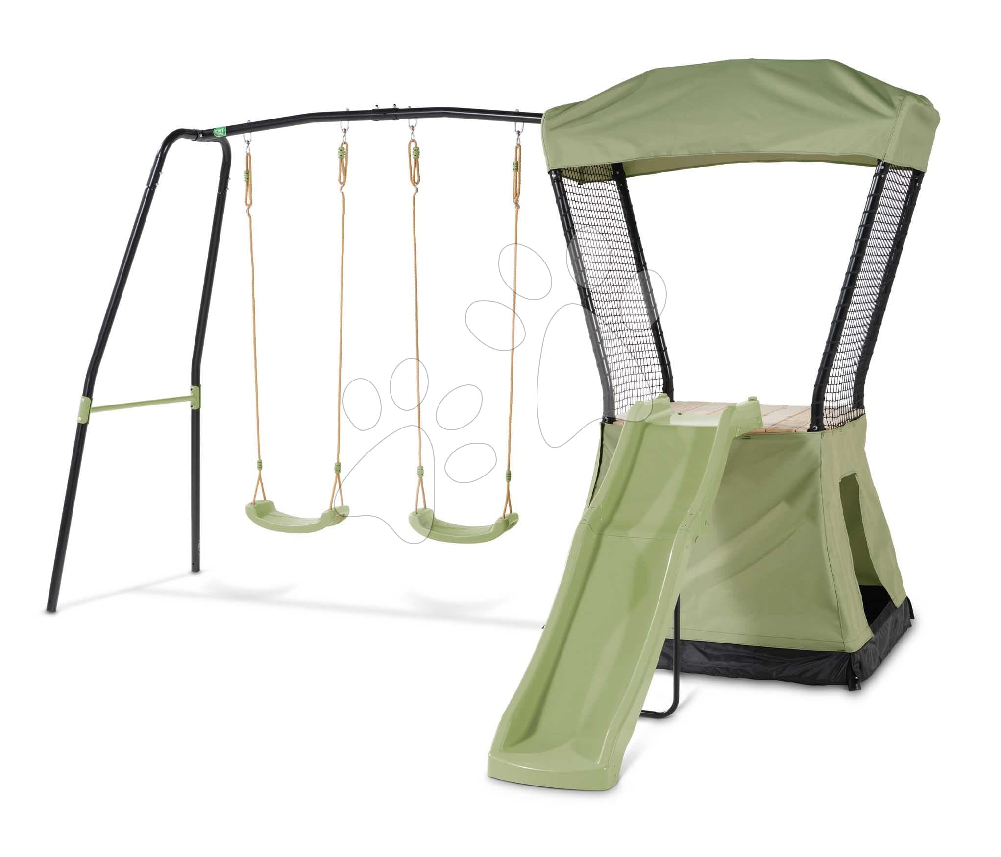 Hracia veža multifunkčná s 2 hojdačkami Ivy play tower double swing Exit Toys so stanom pieskoviskom a šmykľavkou kovová konštrukcia